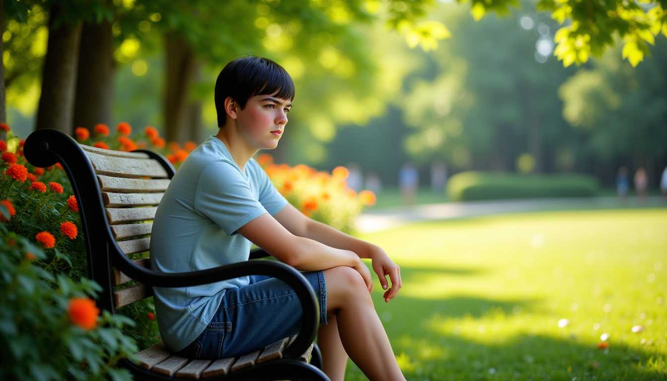 A candid photograph capturing Stan12, a full bodied shot of young boy with black hair, hazel eyes, pale blue t-shirt, blue jean shorts, red sneakers, a sad expression, looking at camera lens, seated comfortably on a rustic wooden park bench. The setting is a scenic park on a warm summer day, with noon sunlight. Sunlight filters through the lush green leaves of nearby trees, creating dappled patterns on the grass and Stan12's sad face. The camera is positioned at eye level, slightly angled to the right, providing an intimate view of Stan12 enjoying the peaceful ambiance. The composition includes vibrant flowers in the background and a gentle breeze rustling through the foliage, enhancing the carefree, serene atmosphere. The overall mood is one of warmth, relaxation, and quintessential summer bliss.