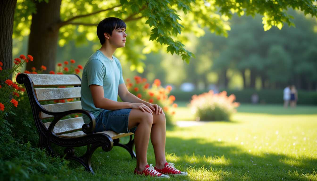 A candid photograph capturing Stan12, a full bodied shot of young boy with black hair, hazel eyes, pale blue t-shirt, blue jean shorts, red sneakers, a sad expression, looking at camera lens, seated comfortably on a rustic wooden park bench. The setting is a scenic park on a warm summer day, with noon sunlight. Sunlight filters through the lush green leaves of nearby trees, creating dappled patterns on the grass and Stan12's sad face. The camera is positioned at eye level, slightly angled to the right, providing an intimate view of Stan12 enjoying the peaceful ambiance. The composition includes vibrant flowers in the background and a gentle breeze rustling through the foliage, enhancing the carefree, serene atmosphere. The overall mood is one of warmth, relaxation, and quintessential summer bliss.