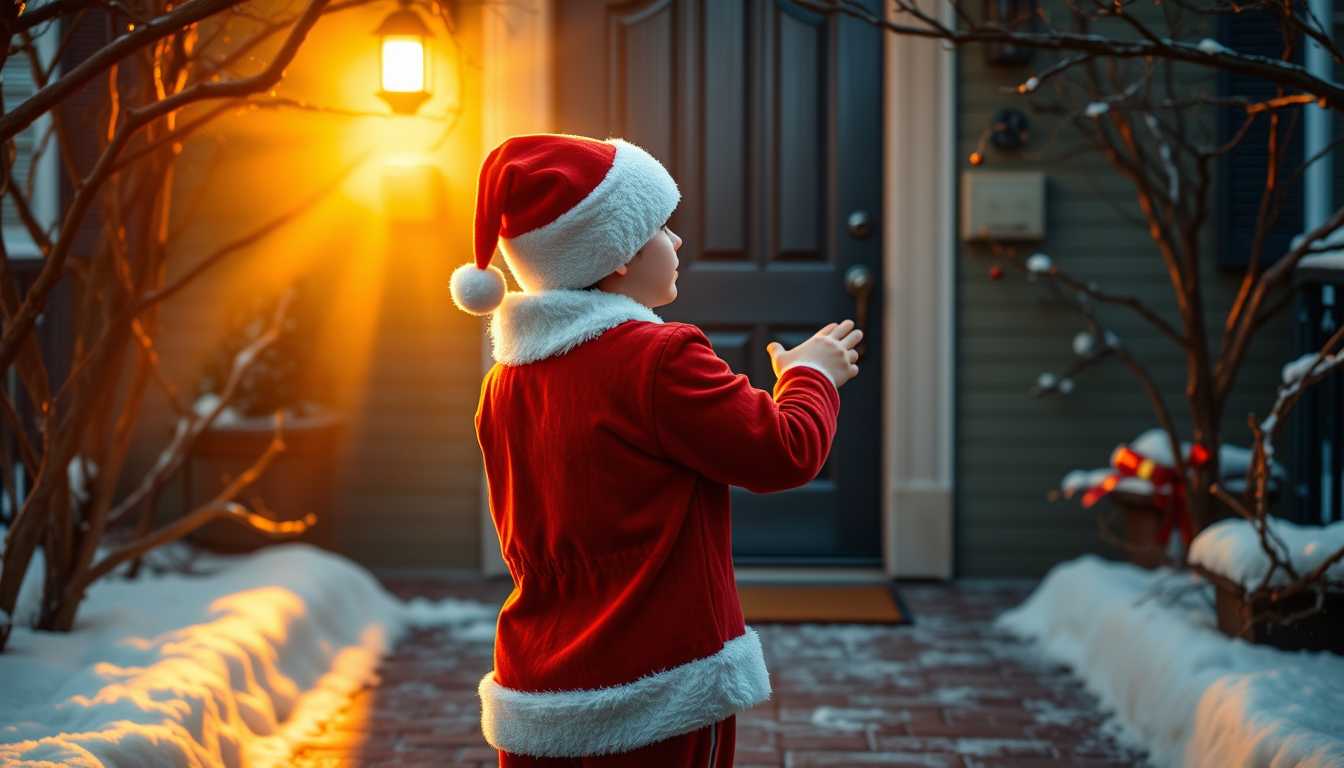 A heartwarming photograph of Stan12 boy standing outside, in front of a neighbor's charming wooden front door, as he reaches out to ring the doorbell. He is dressed in a homemade Santa suit, with intricate details of red velvety fabric and fluffy white trim, topped with a soft Santa cap that fits snugly on his head. The scene is illuminated by the soft glow of golden hour on a cold December afternoon, casting warm, elongated shadows on the snow covered brick pathways and enhancing the vibrant reds and whites of his outfit. The sunlight filters through bare tree branches, adding an ambient, magical touch to the crisp wintry atmosphere. Capture the scene from a slight low angle, focusing on the joyful anticipation in his eyes, with a shallow depth of field that blurs the background slightly, emphasizing the festive focus on Stan12 boy and his adorable gesture.