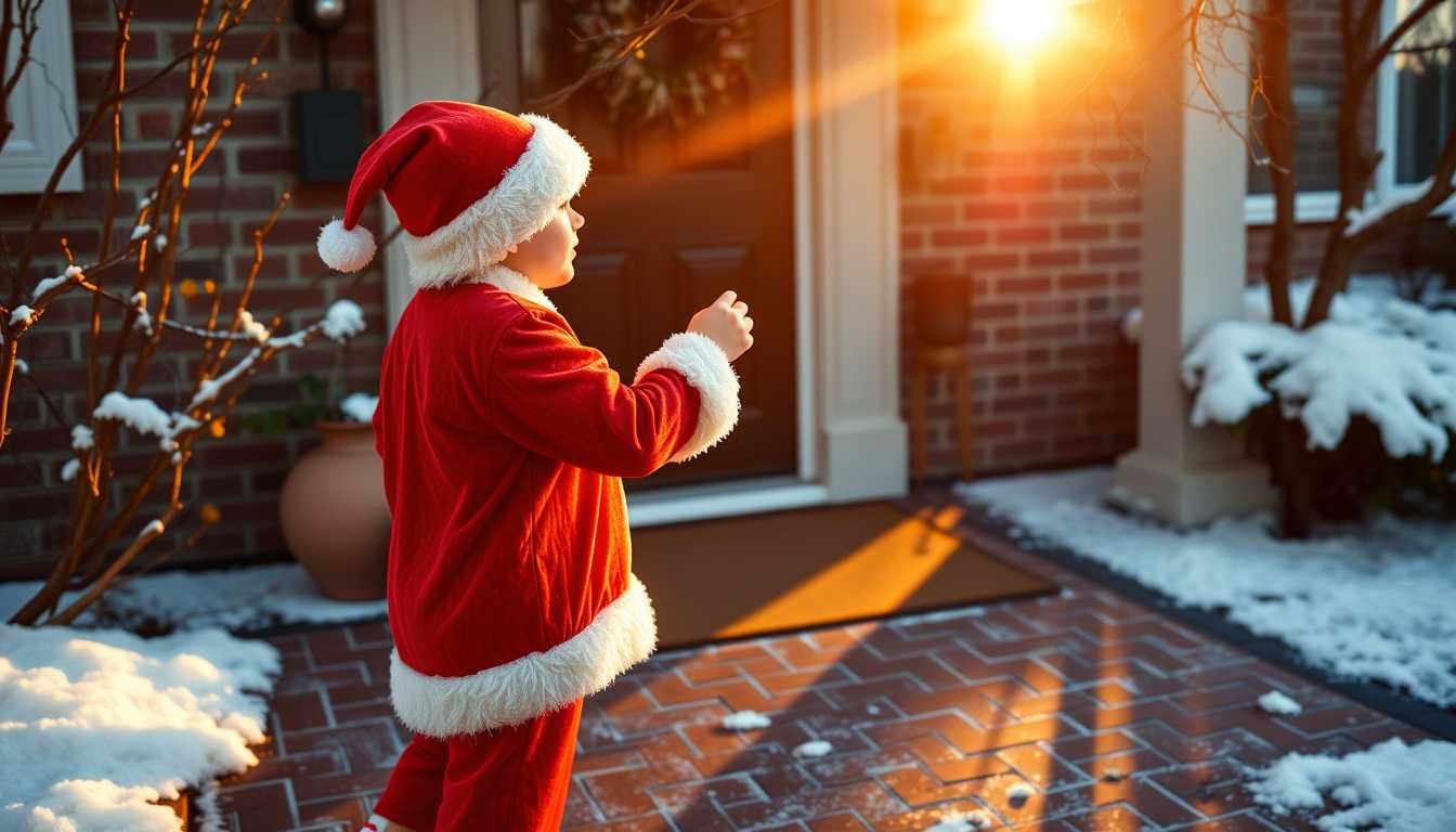 A heartwarming long shot photograph of Stan12 boy standing outside, in front of a neighbor's charming wooden front door, as he reaches out to ring the doorbell. He is dressed in a homemade Santa suit, with intricate details of red velvety fabric and fluffy white trim, topped with a soft Santa cap that fits snugly on his head. Red sneakers. The scene is illuminated by the soft glow of golden hour on a cold December afternoon, casting warm, elongated shadows on the snow covered brick pathways and enhancing the vibrant reds and whites of his outfit. The sunlight filters through bare tree branches, adding an ambient, magical touch to the crisp wintry atmosphere. Capture the scene from a slight low angle, focusing on the joyful anticipation in his eyes, with a shallow depth of field that blurs the background slightly, emphasizing the festive focus on Stan12 boy and his adorable gesture.