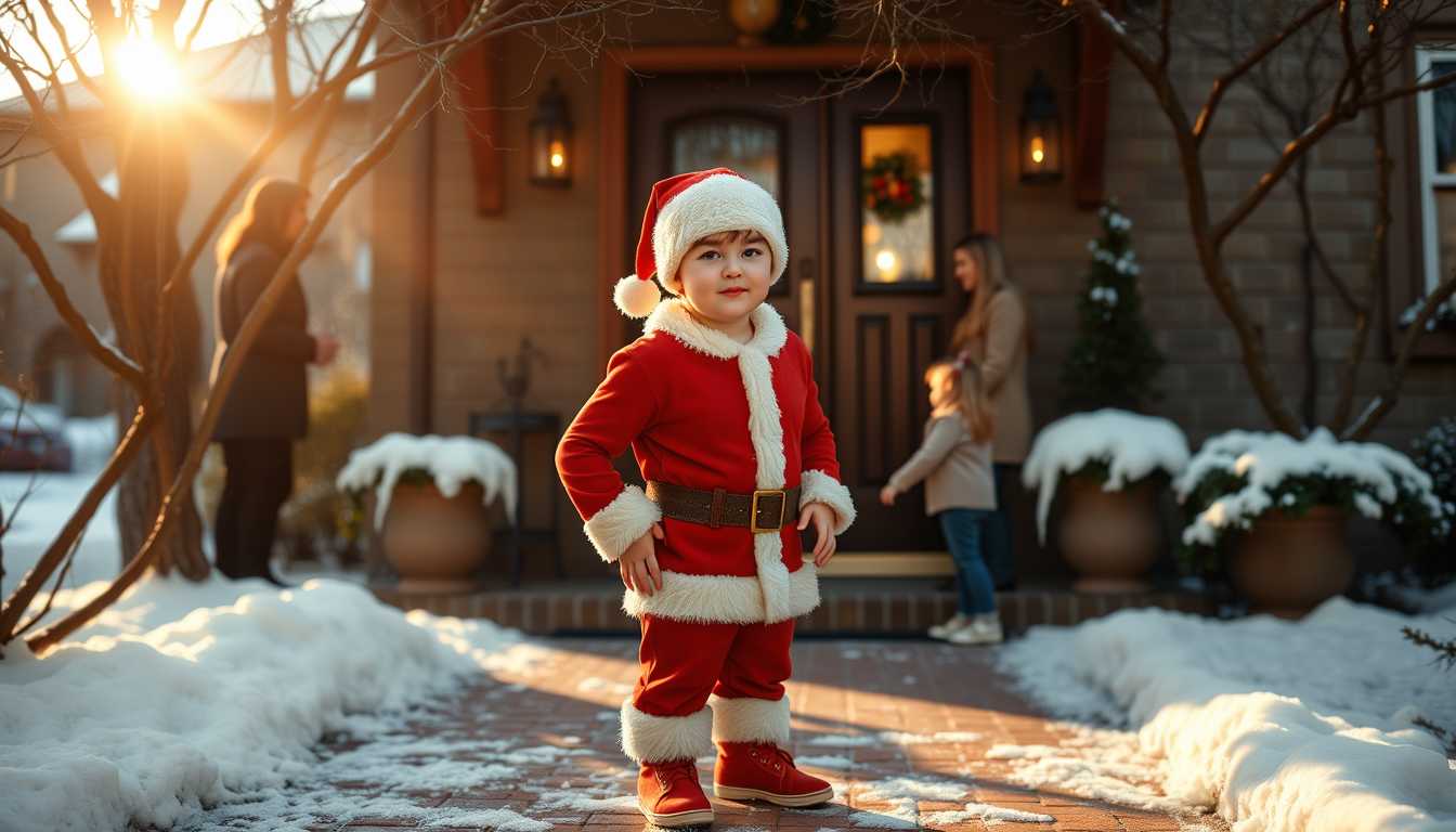 A heartwarming long shot photograph of Stan12 boy standing outside, in front of a neighbor's charming wooden front door, Stan12 is greeted by a mother and father with their small 4year old child who is surprised and happy to see Stan12 boy. He is dressed in a homemade Santa suit, with intricate details of red velvety fabric and fluffy white trim, topped with a soft Santa cap that fits snugly on his head. Red sneakers. The scene is illuminated by the soft glow of golden hour on a cold December afternoon, casting warm, elongated shadows on the snow covered brick pathways and enhancing the vibrant reds and whites of his outfit. The sunlight filters through bare tree branches, adding an ambient, magical touch to the crisp wintry atmosphere. Capture the scene from a slight low angle, focusing on the joyful anticipation in his eyes, with a shallow depth of field that blurs the background slightly, emphasizing the festive focus on Stan12 boy and his adorable gesture.