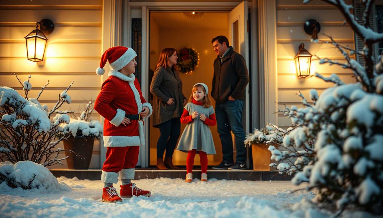 A heartwarming photograph capturing a snowy December evening, where a young boy, Stan12, dressed in an endearing homemade Santa suit complete with a classic Santa cap and bright red sneakers, stands jubilant on the snow-dusted porch. He is greeted warmly by a family at their charming, warmly-lit front door. The mother, father, and their little girl are illuminated by the porch light, casting soft shadows against the snow. Delight dances in the eyes of the little girl, her mouth agape in joyful surprise. The scene is framed at eye level to capture the familial connection, with winter's chill subtly visible in their flushed cheeks and the breath visible in the cold air. Warm golden hues spill from the house's interior light, contrasting with the cool blues and whites of the snowy landscape, setting a cozy, festive mood.