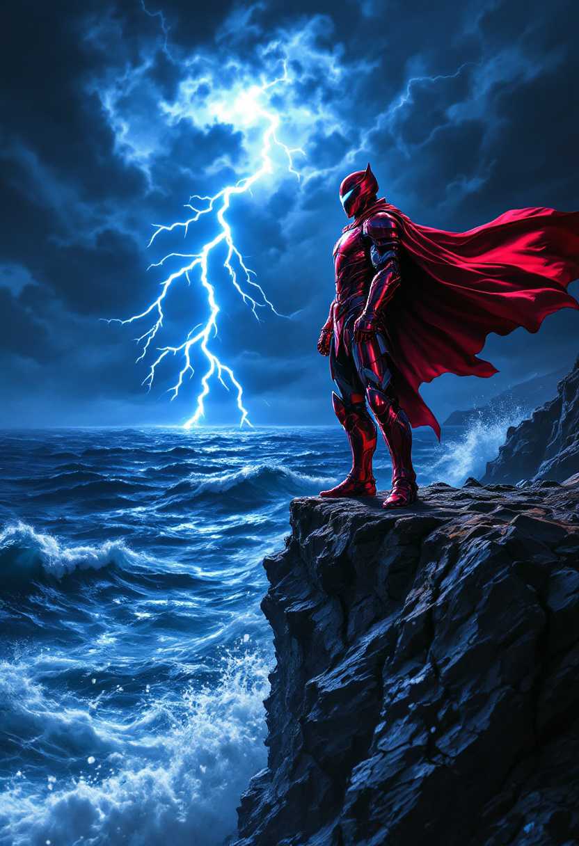 Prompt: Create a photorealistic concept poster. Color scheme: Bright Red (#FF0000) and Dark Blue (#00008B). Main subject: A heroic figure in bright red armor, highly detailed with shining metallic textures and intricate patterns, standing in a powerful, defensive stance on a cliff edge. The cliff has jagged rocks with sharp, defined edges, and the sea below has turbulent, dark blue waves crashing against them. The ocean is deep, glossy, and menacing under a stormy, dark blue sky filled with thick, swirling clouds. Lightning bolts, bright white with a blue tint, strike the water in the distance, casting dynamic, flickering light across the hero's armored figure and the surrounding cliff. The hero's cape, made of a flowing, lightweight fabric, flutters realistically in the strong wind, illuminated intermittently by the lightning. The hero's face is partially shadowed by a visor, showing only the determined glint in their eyes, highlighted subtly by the storm's light. Dramatic element: The contrast between the hero's resolute stance and the chaotic, stormy environment emphasizes an atmosphere of courage and determination against overwhelming odds. Tagline (placement: bottom center): "When the storm comes, will you stand or fall?" Font: Bold, metallic lettering with a weathered effect, matching the armor's texture. Lighting: High contrast with deep shadows and bright, sharp highlights from the lightning. Overall mood: Intense, dramatic, and heroic.