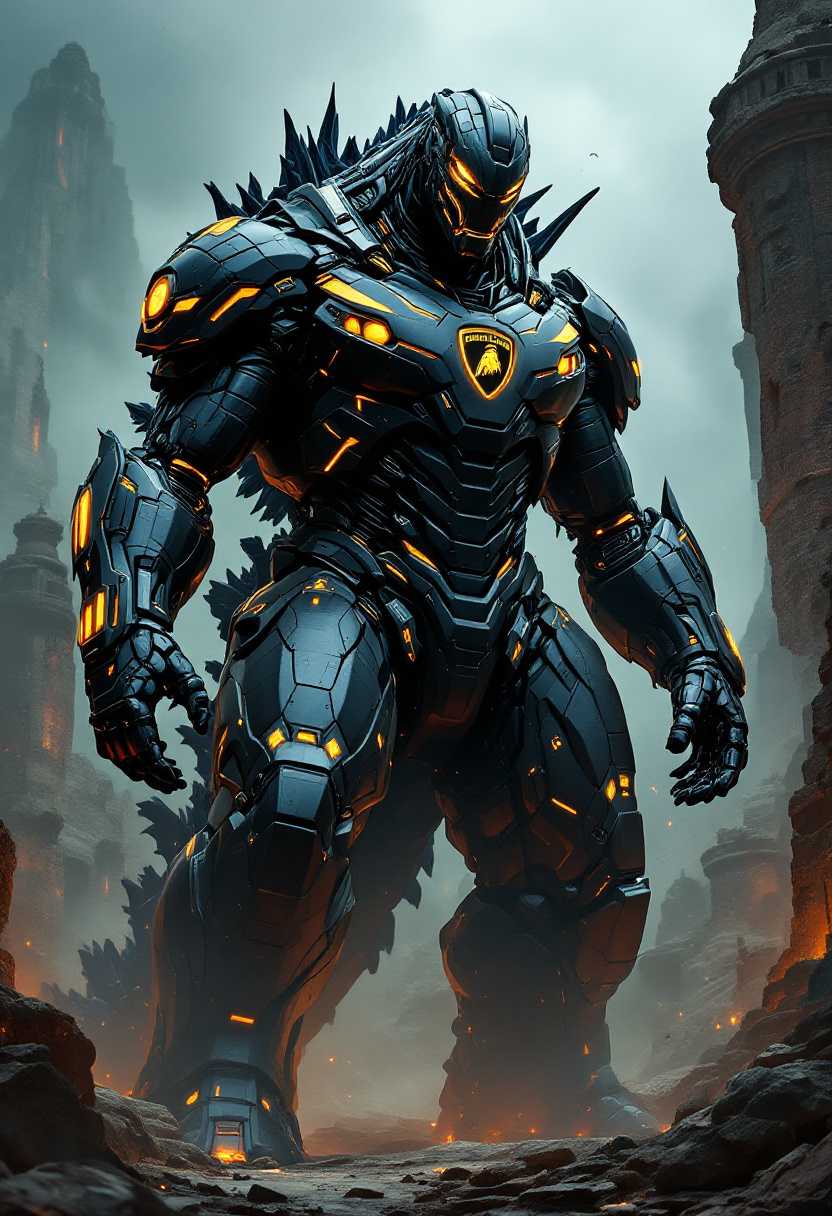 A dark fantasy scene of a gigantic Godzilla wearing an iron man armor, entirely transformed into a sharp matte black and gold robotic Lamborghini mech suit. The suit is adorned with geometric shapes, dynamic lines, and glowing accents. The Lamborghini logo dominates the chest. Godzilla stands extremely tall amongst the ruins of an ancient temple, exuding an air of danger and adventure.