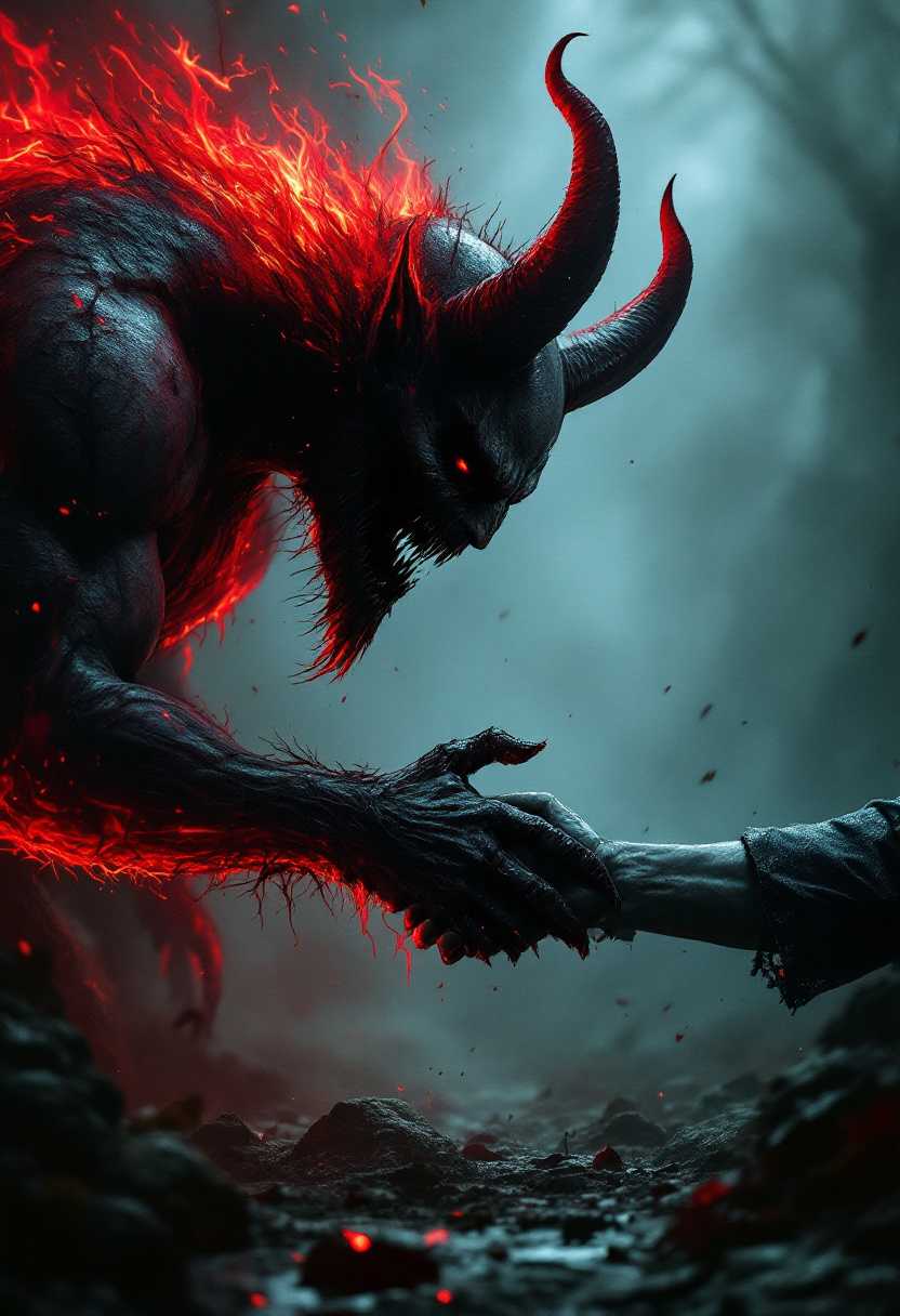 create a scary scene of a man and the devil shaking hands  