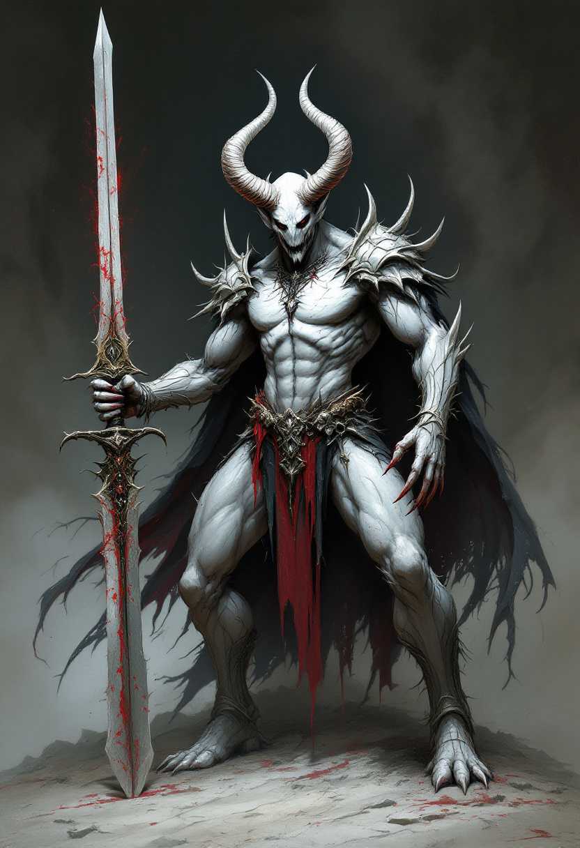white scelton devil with a sword in the style of dark fantasy