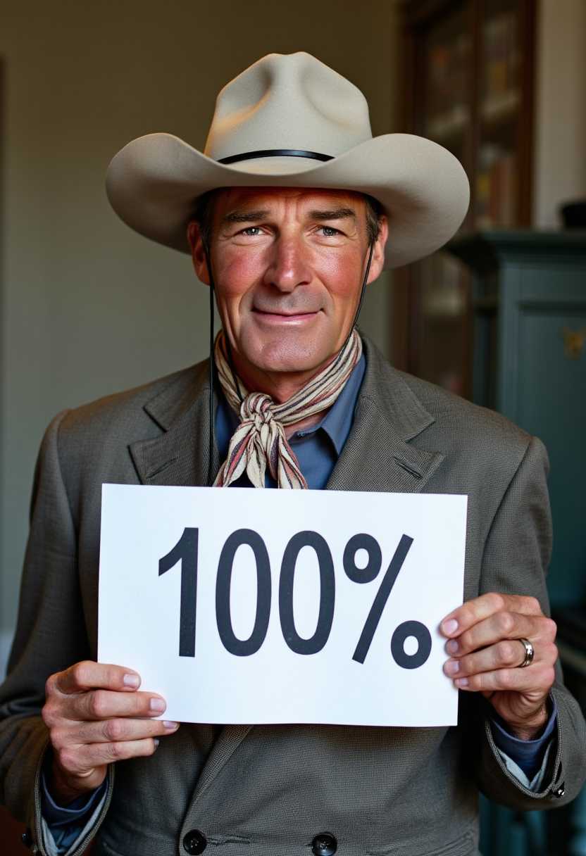 a photo of SCOTT, man holding sign with the words "100%" smiling at camera. HDR quality photo clear and clean