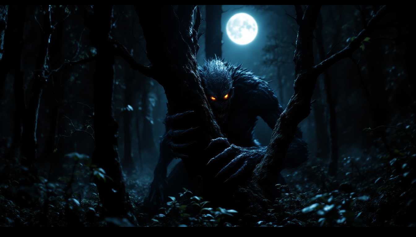 A terrifying monster lurks behind a tree in a dark forest, partially illuminated by the eerie glow of a full moon overhead. The creature’s twisted form is barely visible, with sharp claws and glowing eyes peering from behind the bark. Shadows stretch across the forest floor, adding to the sense of dread, as the moonlight casts a cold, silver hue on the scene. Rendered in 8K, with cinematic detail capturing every sinister texture on the monster’s skin, every shadowy leaf, and the hauntingly beautiful interplay of light and darkness.
