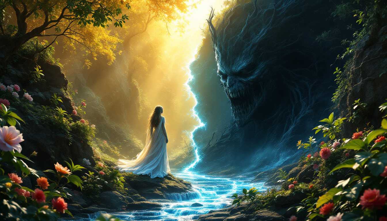 An ultra-realistic, 8K masterpiece depicting a serene, lush landscape split by a dark, ominous ravine. On one side, a beautiful, radiant angelic figure stands under a warm, golden light, surrounded by blooming flowers and vibrant greenery; on the other side, a dark, shadowy figure with twisted features lurks, its presence casting a cold, eerie blue glow over barren, withered plants. The scene captures the tension between good and evil, with rich textures and lifelike details in every leaf, shadow, and expression, creating a profound visual contrast.
