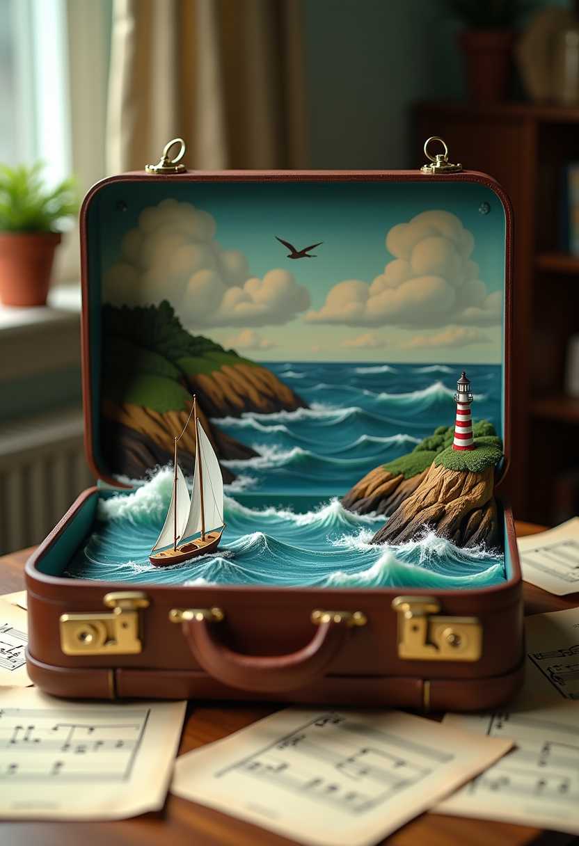 Create an image featuring a vintage suitcase open on a table. Inside the suitcase, there is a dynamic and detailed diorama of a seascape with waves, a sailing boat, and rocky outcrops. Above this scene within the suitcase lid, there is a painted sky with birds in flight and a lighthouse on one of the rocks. The surrounding area outside the suitcase includes scattered sheets of paper with musical notes.