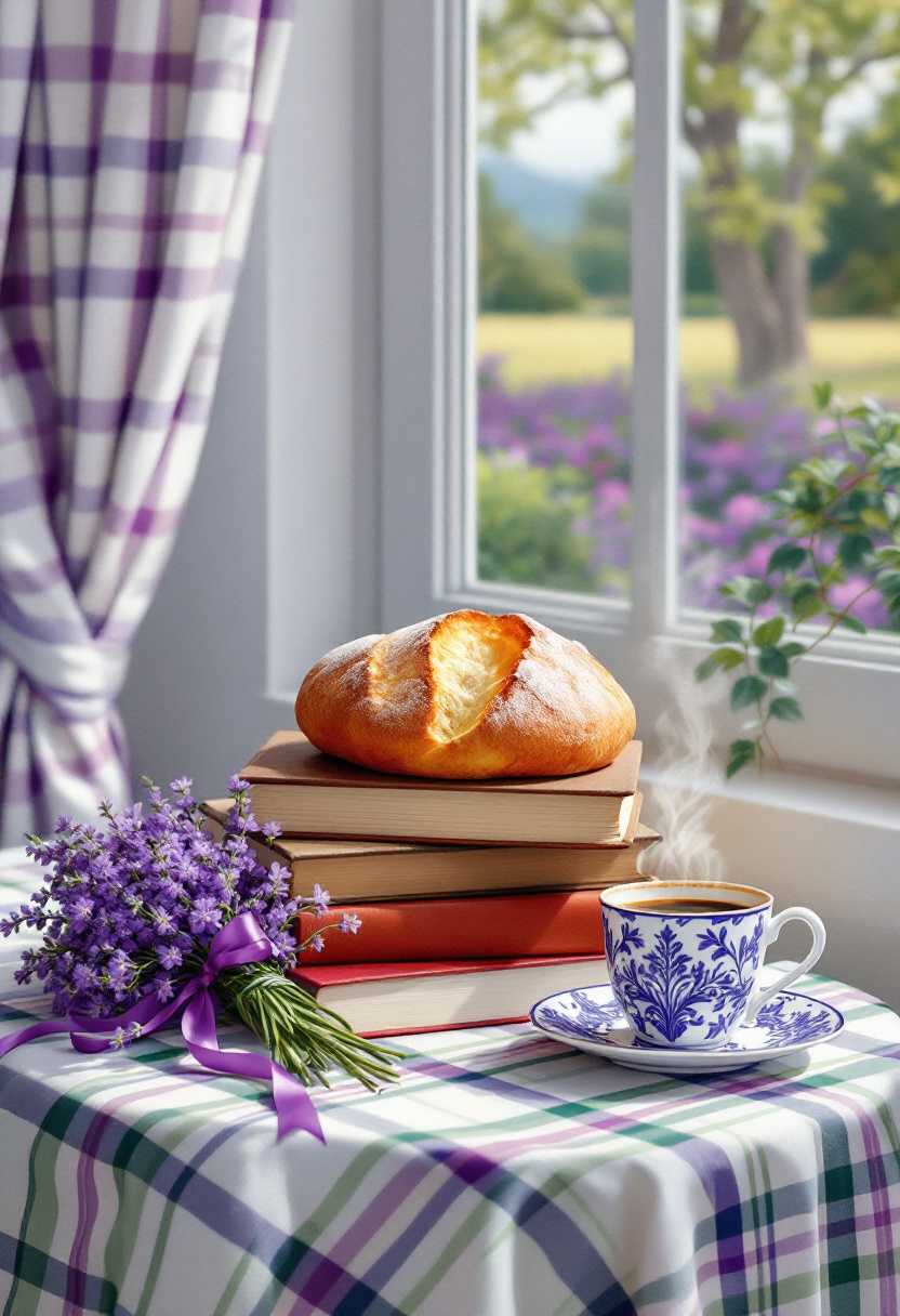 A stack of cooking books sitting on a table with a green white purple tartan  tablecloth, a bunch purple flower tied in a bunch with purple satin ribbon, Sourdough sits on the table along with a mug with intricate purple design with hot steaming coffee. a window with purple white checked curtains and a summer scene outside the window in background  in ultra detailed oil painting, soft brush strokes, alcohol ink