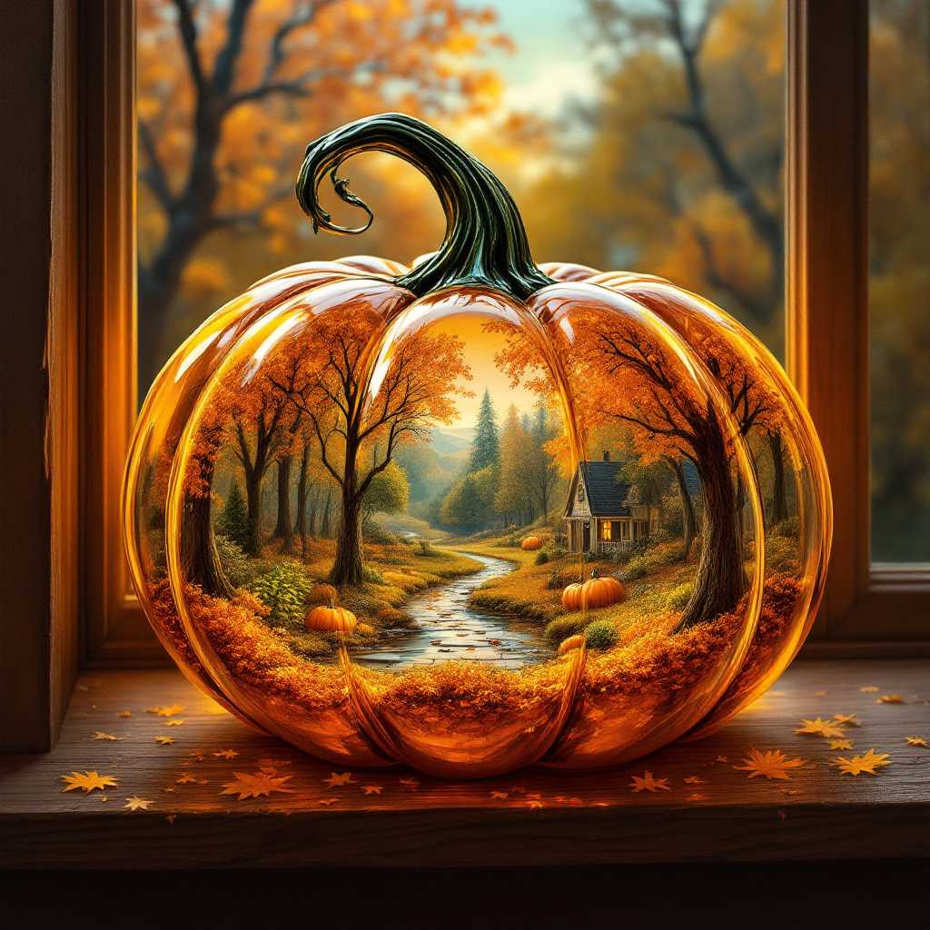 a ultra realistic oil painting of a glass pumpkin out lined in liquid gold.  inside the pumpkin is make believe world. the pumpkin is sitting on a wooden windowsill with a fall scene outside.