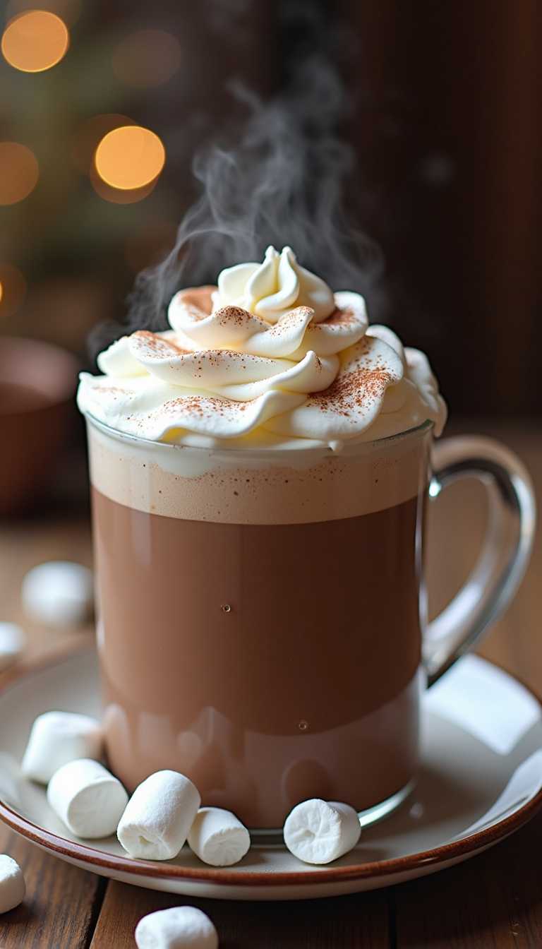 A steaming mug of rich hot chocolate topped with whipped cream and marshmallows offers the perfect comfort on a chilly winter day.