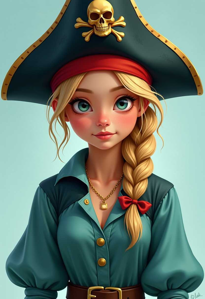 This image is a digital painting that captures the likeness of a character dressed in a pirate costume. The art style is highly stylized with a strong emphasis on the characters facial features, which are rendered with a high degree of realism and expressiveness. The overall composition of the image is reminiscent of a portrait, focusing on the characters head and upper torso.The medium appears to be digital painting software, as evidenced by the smooth blending of colors and the lack of texture that might be present in a traditional painting. The lighting and shadow play across the characters face and clothing, creating a sense of depth and dimensionality.The colors in the image are vibrant and rich, with a predominance of blues and greens in the clothing, which gives the character a youthful and adventurous vibe. The pirate hat is a deep black with a gold skull and crossbones, which stands out against the lighter background. The red ribbon tied around the hat adds a pop of color and a touch of elegance to the otherwise rugged pirate attire.The pirate costume includes a blue shirt with a high collar and a buttonup front, which is fastened with metal buttons. The shirt has a slightly worn look, with some dirt marks and creases, which adds to the authenticity of the pirate theme. The sleeves of the shirt are puffed at the wrists, and the fabric appears to be slightly frayed, giving the character a livedin appearance.The characters hair is blonde and styled into a loose braid that falls over one shoulder. The ends of the braid are secured with a red ribbon, echoing the color of the hats ribbon. The hair strands are rendered with a high level of detail, capturing the movement and volume of the hair.The background of the image is a soft, muted blue, which serves to highlight the subject and give the painting a sense of space.