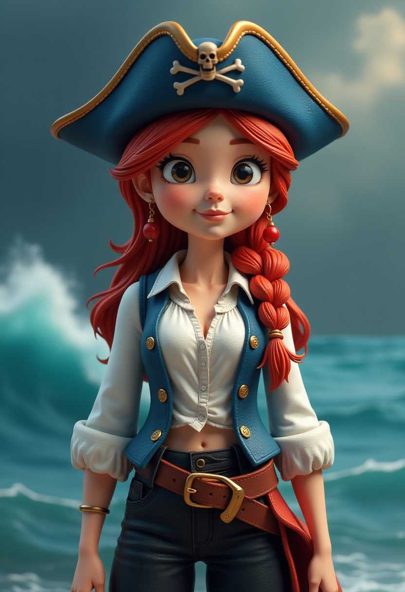 This image features simplified 3d characters and scenery that appears to be painted wooden figures.The use of lighting and shadow gives the image a threedimensional quality, which is enhanced by the strategic placement of highlights and shadows on the characters clothing and accessories.The colors are rich and vibrant, with a predominance of blues, whites, and reds. The pirate hat is a deep navy blue with a gold trim and skull and crossbones emblems, which are iconic symbols of piracy. The characters shirt is a crisp white with a ruffled collar, and the vest is a dark navy blue with gold buttons and a red sash. The red sash adds a pop of color and draws the eye to the waist of the character.The characters hair is a fiery red, styled in a loose braid that flows behind her. The hair strands are rendered with a sense of movement, as if caught in a breeze, which adds to the dynamic feel of the image. The earrings are a simple yet striking design, with a red bead and a gold hook, echoing the color scheme of the pirate costume.The characters pants are black with a distressed look, suggesting they have been wellworn. A brown belt with a gold buckle cinches the waist. stormy sea background