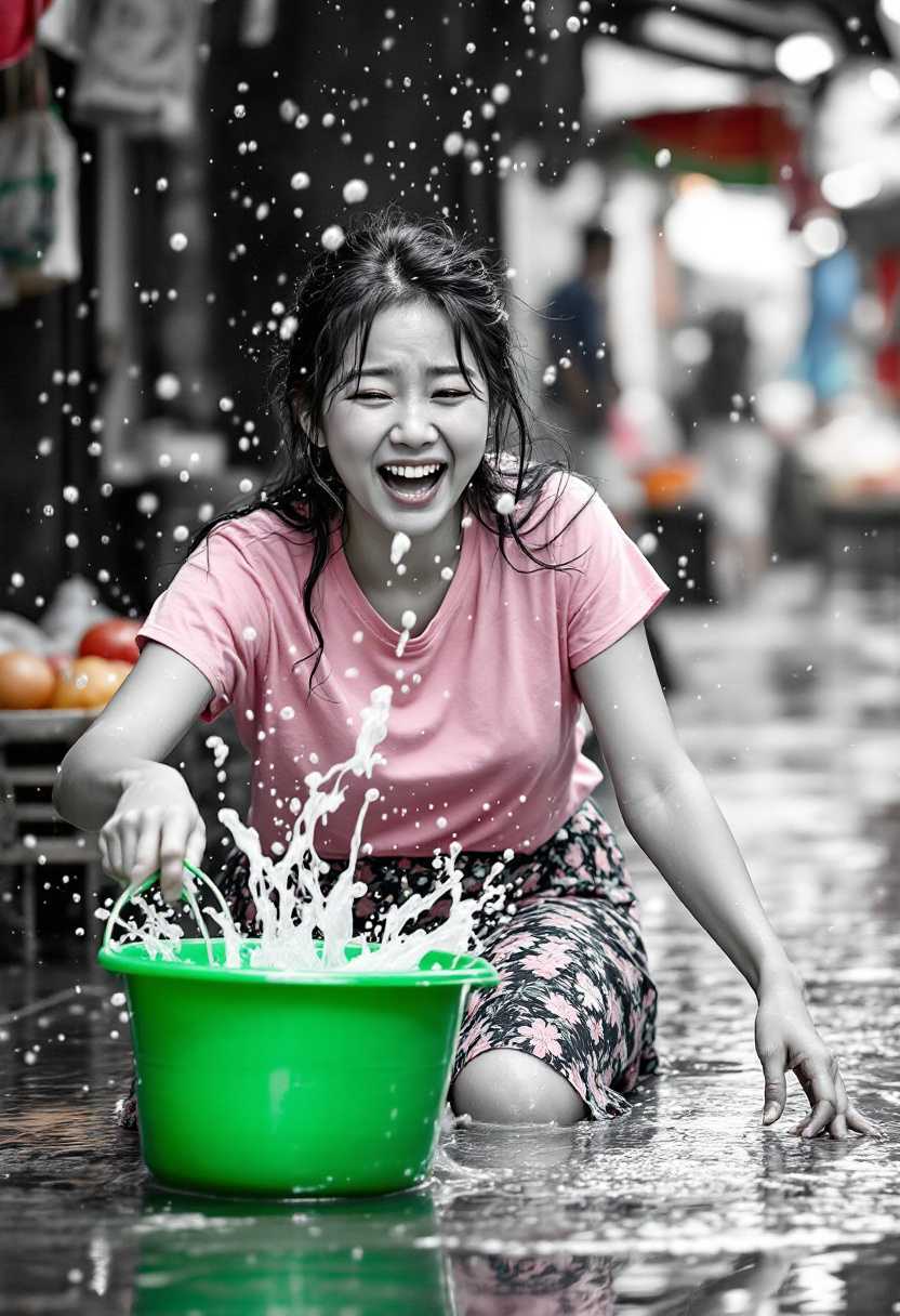 Capture a black-and-white pencil sketch of an Asian woman, her pink T-shirt and floral skirt splashed with water as she slips on a puddle. A look of startled shyness crosses her face as a green bucket spills its contents, creating vibrant splashes on the wet market floor. Freeze this moment in time with high-speed photography in intricate detail, blurring the background to enhance the surprise and sense of suspended motion.