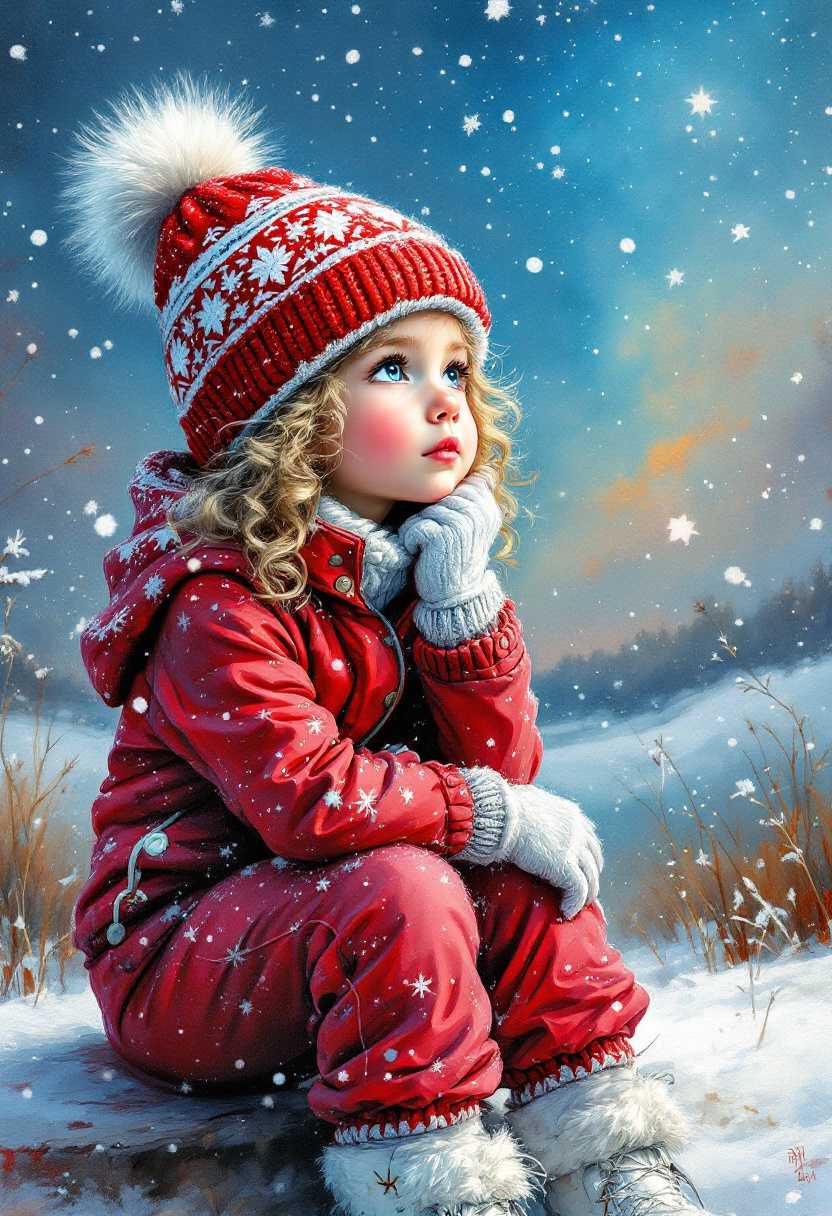 acrylic oil and alcohol ink of a little girl with red and white knit hat with fluffy white pom pom on top, wearing a red and white ski suit and white boots, she has curly blonde hair and blue eyes, she sits pensively deep in thought as she looks at the starry sky, and it is snowing,the background is a country field under the snow