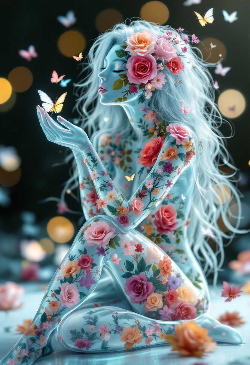 A transparent aqua glass lady, long wild kinky hair sitting, correct woman shape and curves head to bare feet, filled with modest covering of colourful rose flowers inside her body, and she is blowing butterfly kisses. Bokeh background black