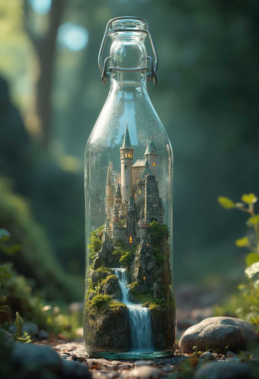 A clear, empty glass water bottle. The water bottle contains a city of elves and goblins. A waterfall flows down from the neck of the bottle. hd, hyper-realistic photography 