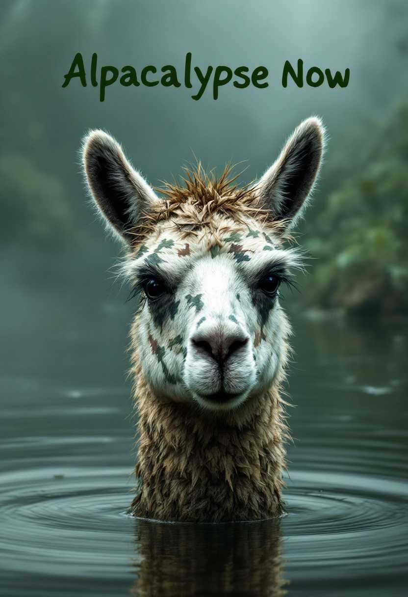 The head of an alpaca sticking out of the water of a swampy, misty lake, the alpaca's face painted in war camouflage. At the top of the image is the words "Alpacalypse Now", written as in the movie Apocalypse Now.