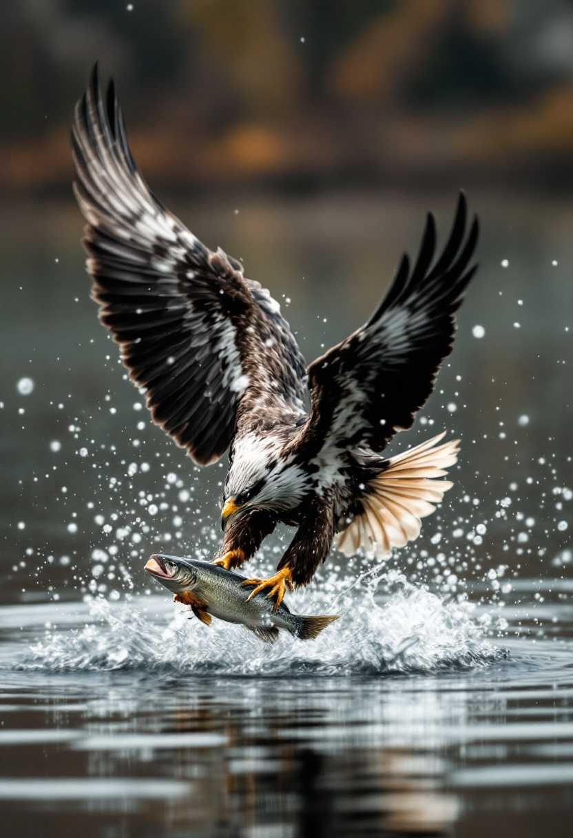 The raptor eagle swooped down quickly, grabbing a fish with its sharp talons and spreading its wings, instantly showing the agility and power of hunting. The background was dynamically blurred, and the lake surface rippled slightly.