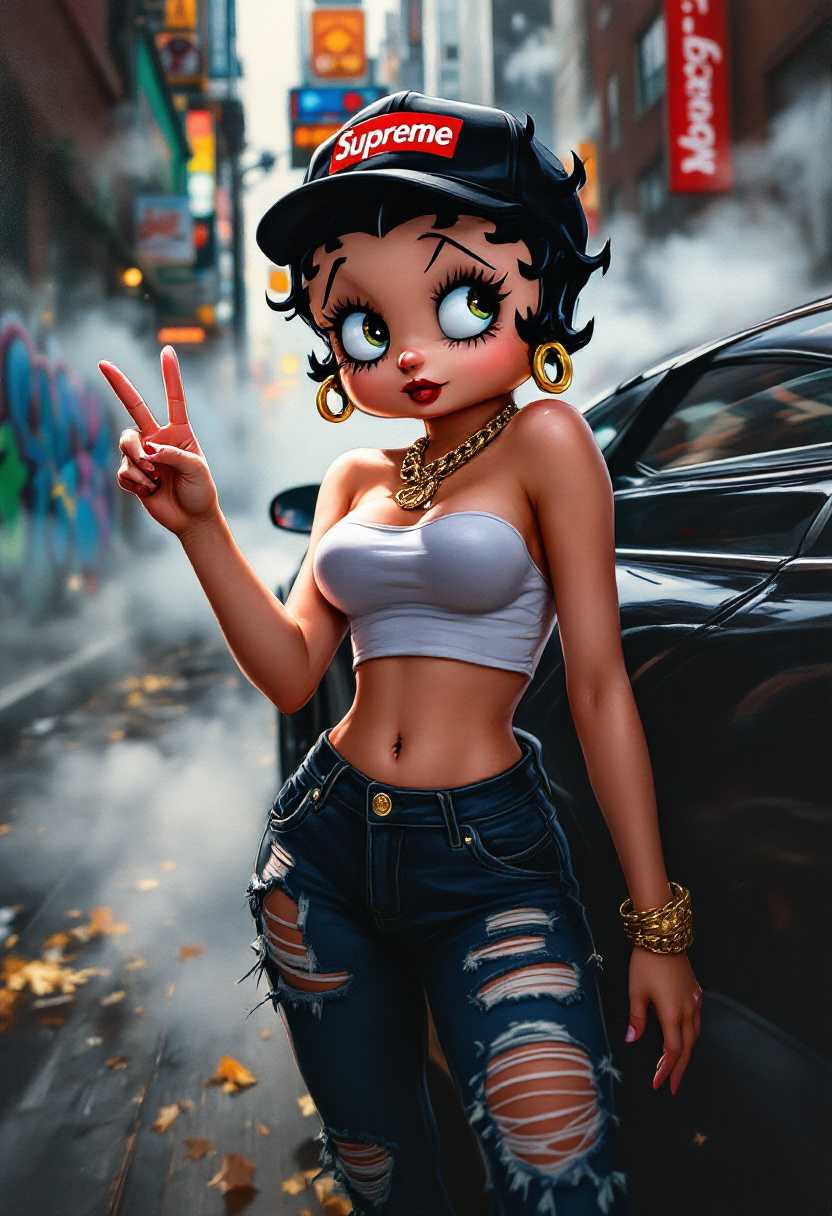 4k glossy oil painting. Betty Boop. Streetwear. Black cap, gold chain, white Supreme shirt. Ripped jeans, Air Jordans. Next to black Lambo in city. Smoke, graffiti. Peace sign, mischievous grin. High perspective, dramatic lighting, blur.