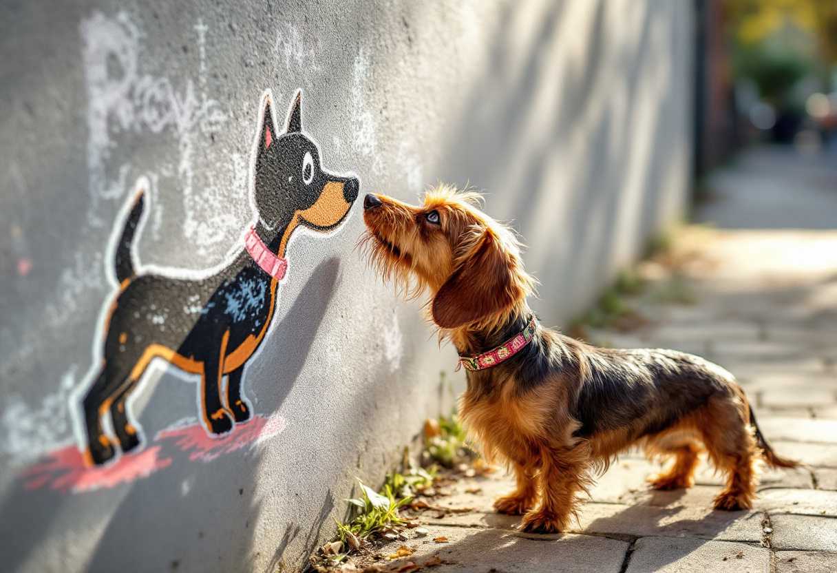 A real wire-haired dachshund sniffs a cartoon dog chalk drawing of a dachshund on a wall and stands on a paved walkway under soft sunlight.
