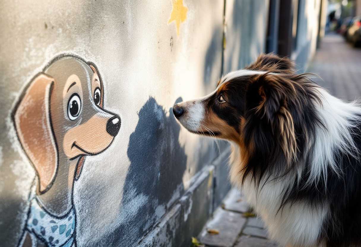 A real wire-haired collie sniffs a cartoon dog chalk drawing of a dachshund on a wall and stands on a paved walkway under soft sunlight.
