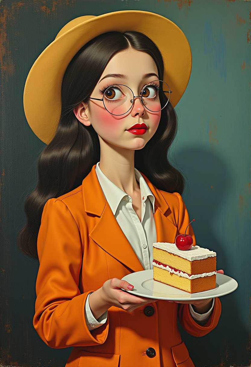 Stylish Woman in Orange Jacket and Yellow Hat Holding Cherry Cake
