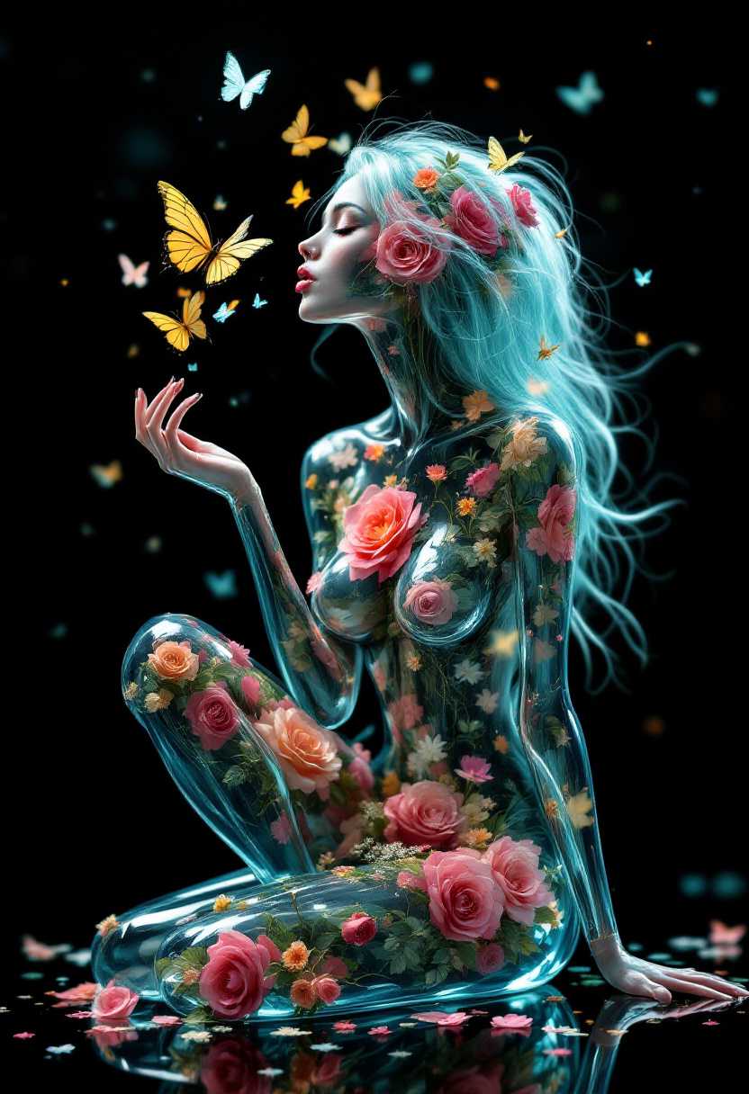 A transparent aqua glass lady, long wild kinky hair sitting, correct woman shape and curves head to bare feet, filled with modest covering of colourful rose flowers inside her body, and she is blowing butterfly kisses. Bokeh background black