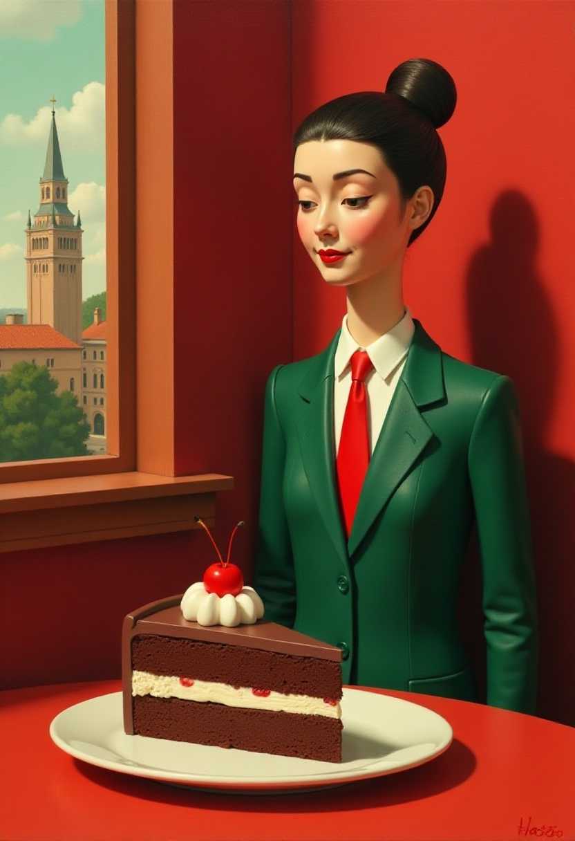 Stylish Woman in Green Suit with Cherry on Top Cake