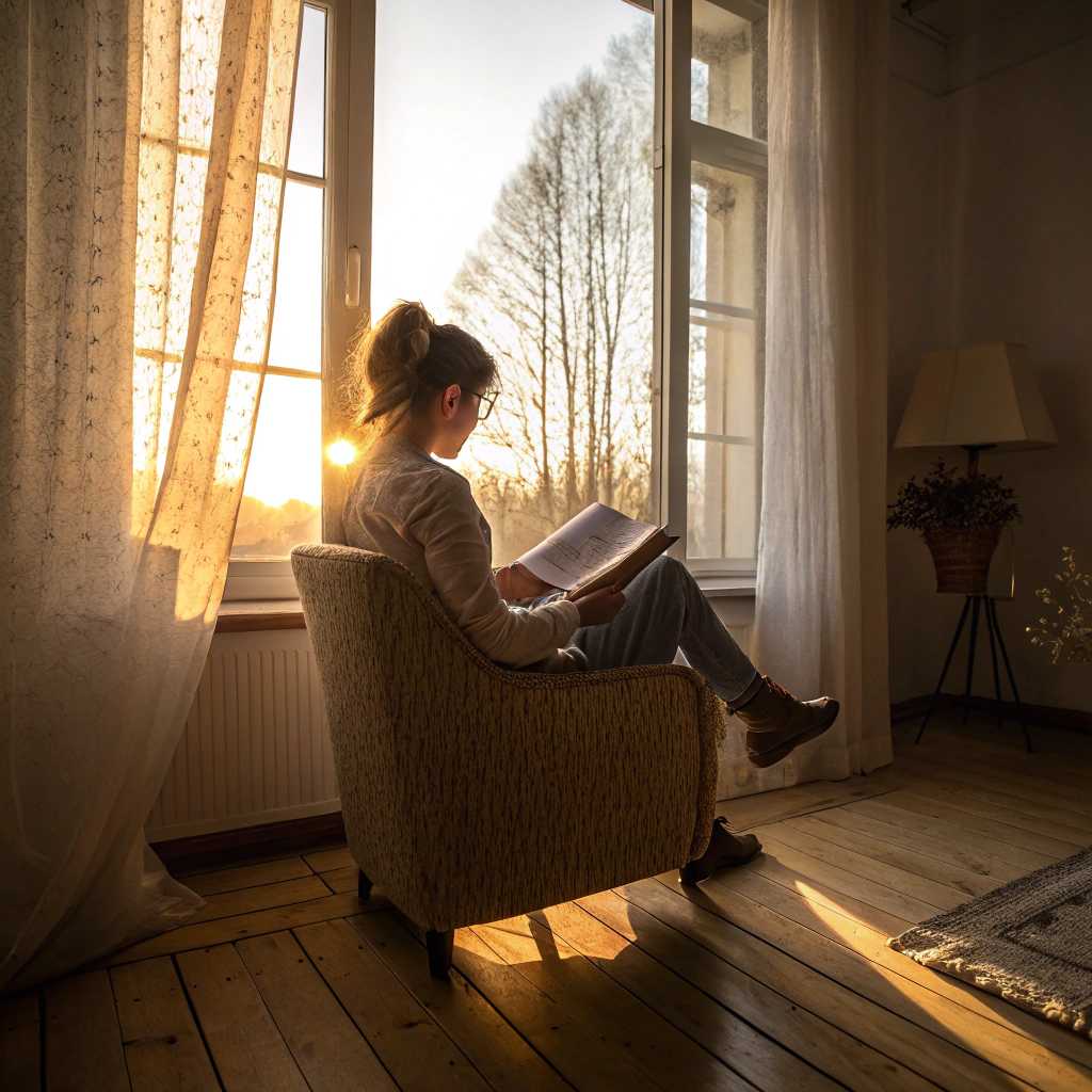 A serene and inviting room bathed in the warm, golden glow of morning sunlight streaming through a window, softly illuminating a woman seated in a cozy, textured chair facing the window, absorbed in her book. The gentle use of backlighting accentuates the intricate details and warmth of the scene. Soft shadows cast by the window frame create delicate, intricate patterns on the wooden floor, adding depth and a subtle touch of mystery. The composition is balanced, with a serene ambiance evocative of a lazy Sunday morning. The mood is contemplative and tranquil, enhanced by a soft focus that envelops the scene with calm and introspection, reminiscent of an impressionist painting. The overall atmosphere is peaceful, capturing the essence of quiet introspection and relaxation.