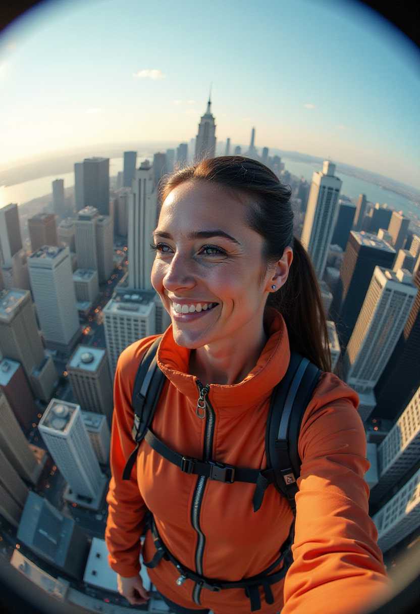 LA skyline, one mile high, fisheye lens, closeup of woman wearing a jetpack