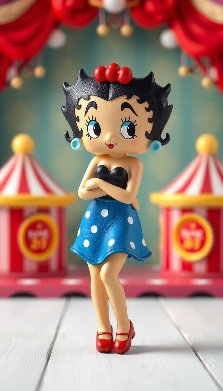 attractive 3d painted wooden betty boop, blurred circus style background