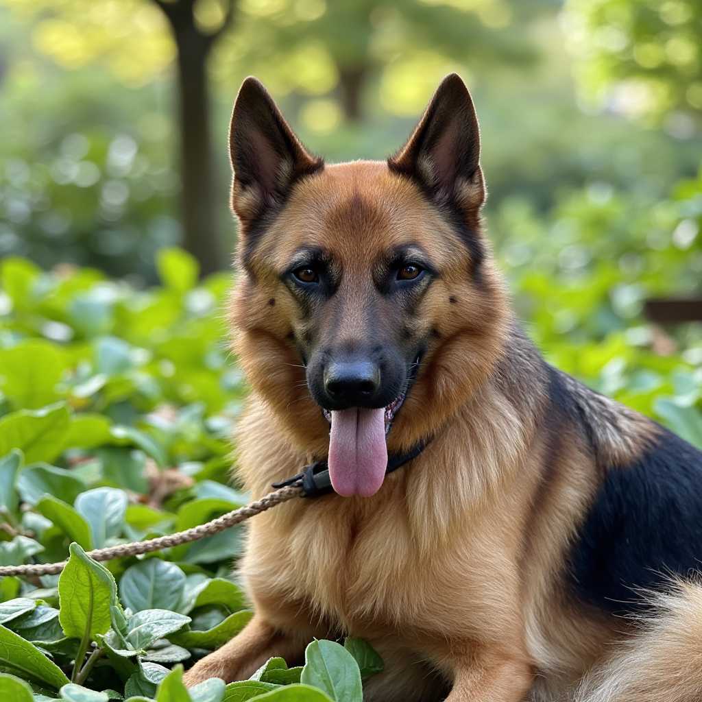 German Shepherd Dog in a Field of Green Plants