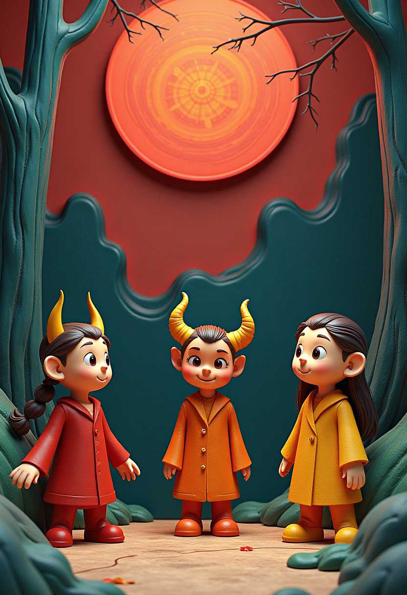 This image features simplified 3d characters and scenery that appears to be painted wood. demons of the mind