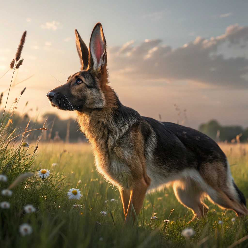 German Shepherd Puppy in Field of Flowers at Sunset