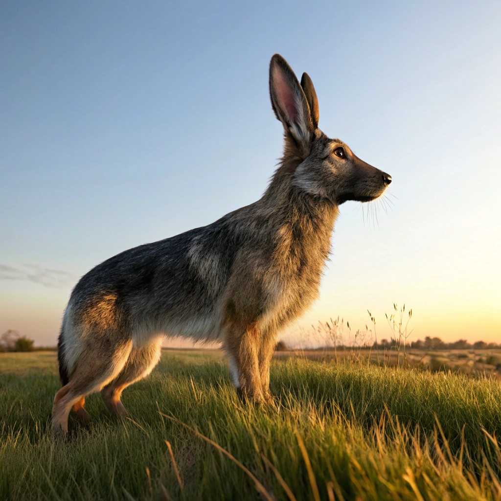 Create an imaginative portrayal of a German Shepherd and rabbit hybrid. The creature should have the sleek, muscular body and commanding presence of a German Shepherd, combined with the soft fur and agile, long ears of a rabbit. Highlight the texture of the fur with realistic detailing, blending the distinct color patterns of both animals. Capture the hybrid in a serene meadow under soft, golden late-afternoon light, casting gentle shadows that enhance the creature's unique features. The composition is a close-up shot from a low angle to emphasize its stature and the striking contrast in features. The overall mood should evoke a sense of wonder and curiosity, reminiscent of fantasy illustrations, with a focus on naturalistic details and harmony between the animal characteristics.