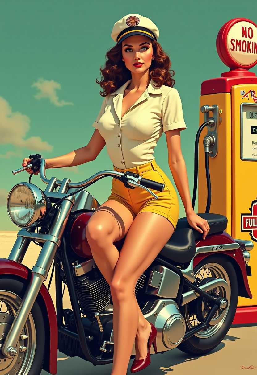 Vintage Pinup Model Sitting on Motorcycle at Gas Pump