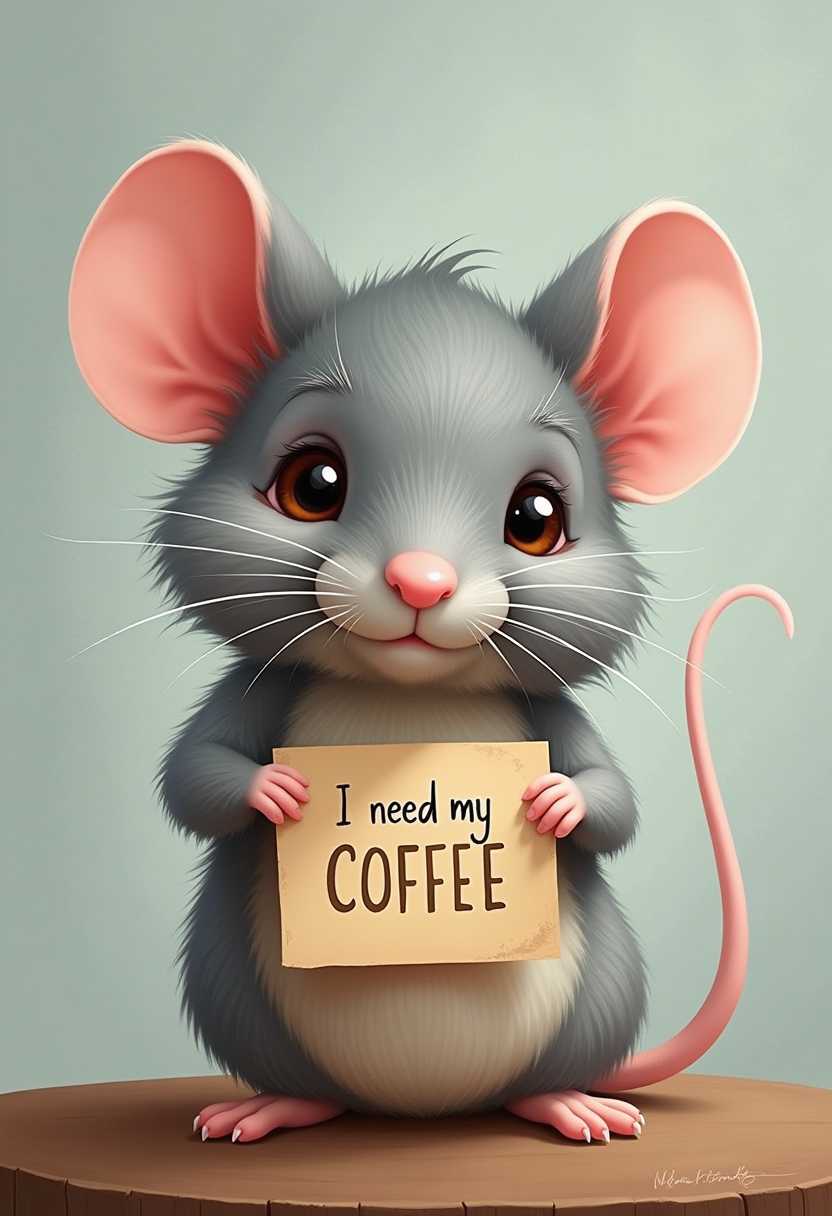 **Title**: Whimsical Mouse's Coffee Craving

**Description**: In this enchanting digital painting, a whimsical and charming depiction of a mouse with humanlike traits captures the viewer's heart. The mouse, with large, soulful eyes and a fluffy, textured grey coat achieved through intricate digital brush strokes, holds a small, rectangular beige card. The card, prominently positioned in front of the mouse, humorously states "I need my coffee," personifying the mouse's caffeine craving in a delightful manner.

The artistic style blends realism with a touch of fantasy, showcasing the mouse's detailed features such as its prominently detailed whiskers, floppy ears, and soft, cuddly appearance. The colors are warm and muted, enhancing the cozy and inviting atmosphere, while the soft grey background contrasts tastefully with the mouse's grey fur, creating a harmonious composition.

The scene is framed to focus on the upper half of the mouse, capturing its endearing expression as it seemingly relates to the universal human experience of desiring coffee. The lighting is soft and gentle, casting subtle highlights on the fur and the card, adding to the overall cuteness and humor of the image. This artwork resonates especially with coffee enthusiasts through its clever and heartwarming portrayal of a mouse mirroring human habits.