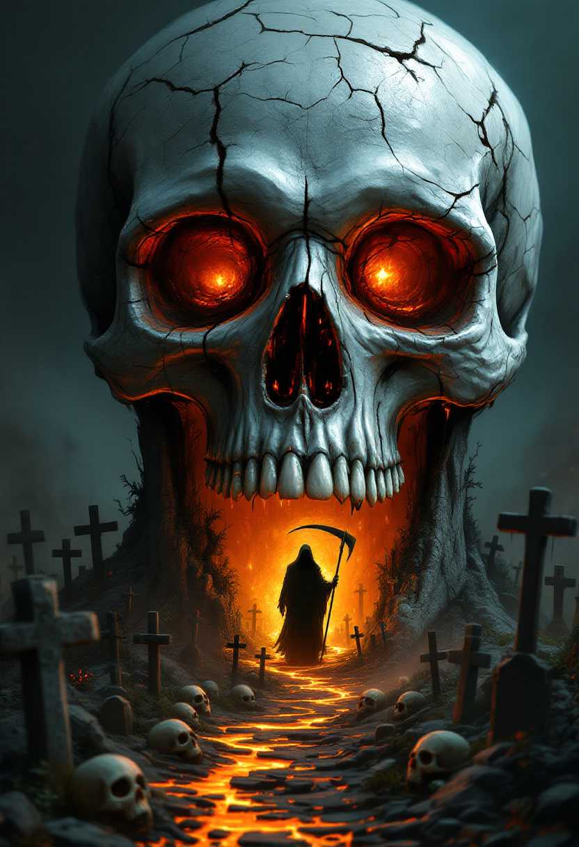 This is a highly detailed and imaginative digital artwork that features a large, textured skull as the central figure. The skull is depicted with a realistic anatomical accuracy, with intricate details such as the eye sockets, nasal cavity, and teeth. The surface of the skull is cracked and peeling, revealing a fiery, molten interior that emits a warm, orange glow.Within the skull, a fantastical world is revealed. Its a miniature, otherworldly landscape that includes a cemetery with crosses, gravestones, and a variety of skulls. A figure resembling the Grim Reaper, cloaked in darkness, stands solemnly in the center of the cemetery, holding a scythe. The atmosphere is eerie and foreboding, with a sense of the macabre and the supernatural.The art style is reminiscent of fantasy and gothic art, with a touch of surrealism. The use of light and shadow is masterful, creating a dramatic interplay that emphasizes the depth and dimensionality of the scene. The colors are moody and atmospheric, with deep blues, blacks, and fiery oranges and reds. The contrast between the cool exterior of the skull and the warm interior creates a striking visual effect.The medium appears to be digital painting, given the smooth gradients, seamless blending, and the absence of brush strokes. The attention to detail is meticulous, from the individual strands of hair on the Grim Reapers cloak to the intricate patterns on the gravestones.Overall, the image is a hauntingly beautiful depiction of death and the afterlife, presented in a way that is both thoughtprovoking and visually stunning.