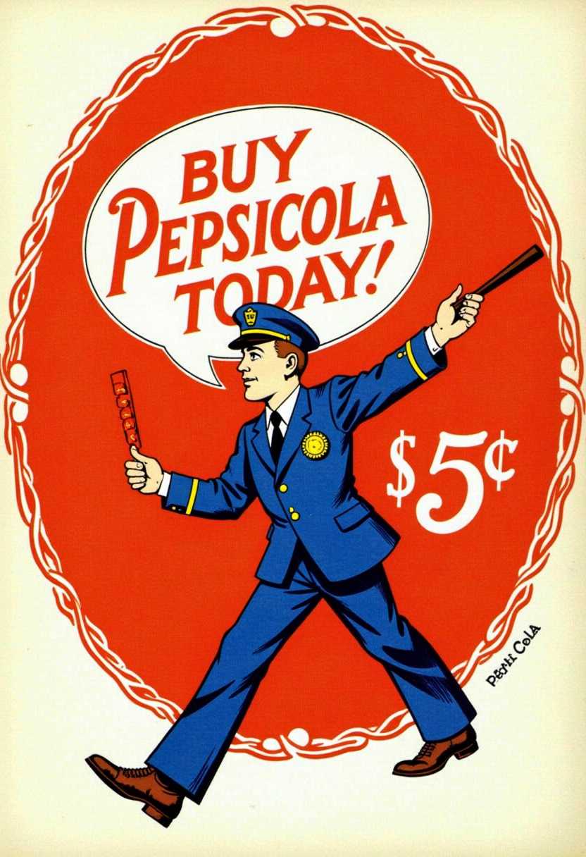 This image is a vibrant and colorful vintage advertisement featuring a character in a blue uniform with a cap, badge, and a baton in his right hand. The character is depicted in a dynamic pose, as if he is marching or running, with his left arm extended outward. The background is a large red circle with a white border, and within the circle, there is a speech bubble with the text BUY PEPSICOLA TODAY! in a bold, red, cursive font. Below the speech bubble, there is a price tag of 5c, indicating the cost of the PepsiCola.The art style of the image is reminiscent of early to mid20th century American commercial art, with its bold lines, flat colors, and clear, legible typography. The medium appears to be a print or lithograph, given the quality of the colors and the sharpness of the lines. The colors used are primarily red, blue, white, and black, with touches of yellow and brown in the characters uniform and baton.The objects in the image are primarily the character in the uniform, the baton in his hand, and the speech bubble with the text. The speech bubble and price tag are both designed to draw attention to the product and its affordability, which was a common strategy in early advertising. The red circle with a white border serves as a frame that emphasizes the central elements of the advertisement.