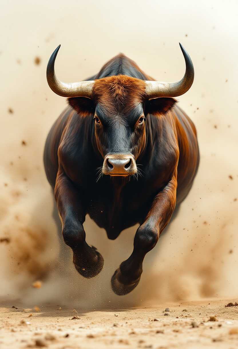This image is a dynamic and powerful portrayal of a bull in midcharge. The art style is realistic with a touch of motion blur, which gives the impression of swift movement. The medium appears to be a highresolution photograph, given the clarity and detail in the image.The colors in the image are primarily earthy tones, with the bulls coat appearing in various shades of brown and black. The dust cloud behind the bull is a mix of beige and brown, which adds to the sense of speed and power. The white background of the image serves to isolate and emphasize the subject, the bull.The objects in the image are quite minimal. The primary object is the bull itself, which is captured in a moment of intense action. The bull has a muscular build, with a prominent hump and a pair of curved horns. Its hooves are lifted off the ground, and its legs are in motion, kicking up the dust cloud. The dust cloud is a secondary object, created by the bulls swift movement, and it adds to the sense of speed and chaos in the scene. It is written in a The phrase is a metaphorical expression that could interpreted as encouragement to move forward with determination and vigor, much like the bull charging through obstacles.