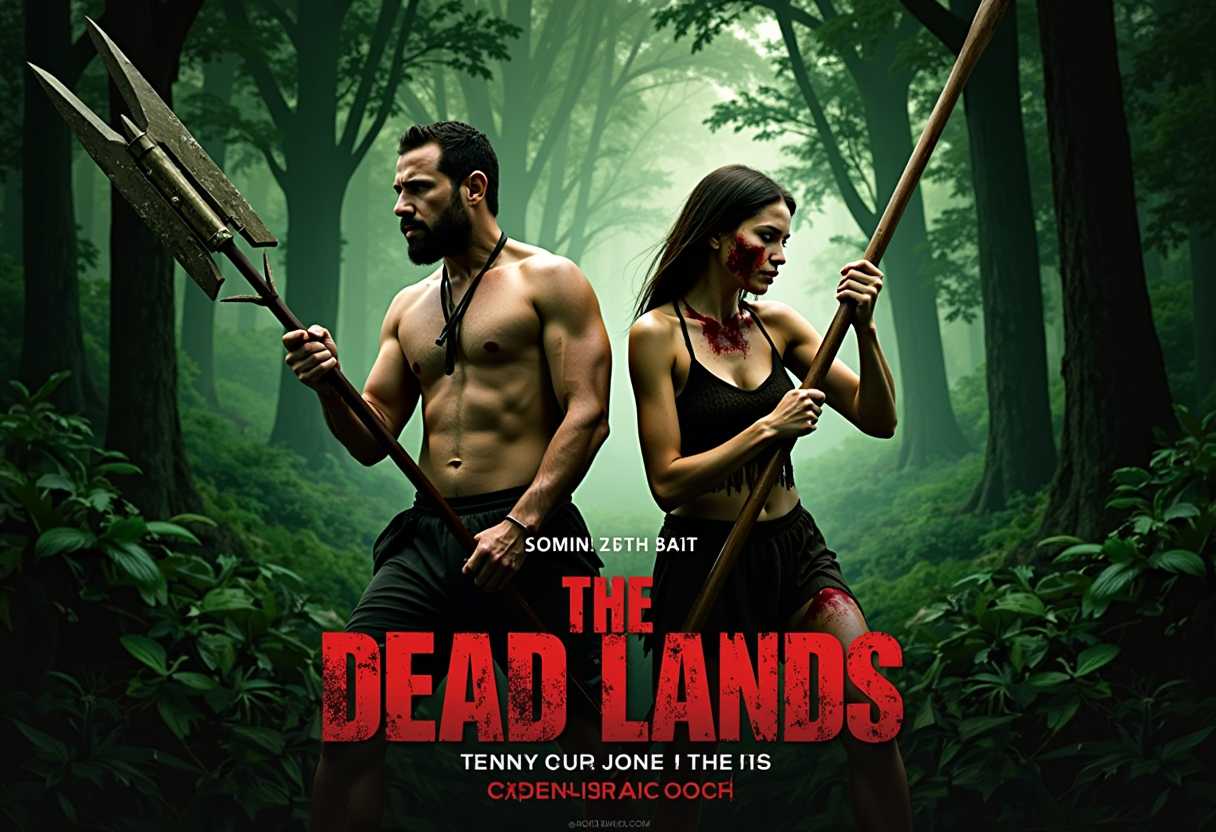 This image is a movie poster for The Dead Lands, a 2014 New Zealand action film directed by Dean Isaac Jones. The art style of the poster is a blend of realistic and stylized elements, with a focus on creating a dramatic and intense atmosphere. The medium appears to be a digital creation, given the smooth gradients and seamless blending of colors.The colors in the poster are rich and moody, with a predominance of greens, browns, and grays, which evoke a sense of the natural, untamed environment that the film is set in. The use of red accents on the characters faces and weapons adds a pop of color and emphasizes the violence and bloodshed that the film likely contains.The objects in the image are primarily weapons and tools that suggest a prehistoric or primitive setting. On the left, there is a man holding a spear with a long, pointed tip, which is a common symbol of hunting and warfare. The figure on the right is woman wielding a club with a curved end, which could be used for both offense and defense. Both characters are covered in what appears to be mud or blood, which further emphasizes the grim and violent nature of the film.In the background, there is a dense forest with lush greenery and towering trees, which suggests a remote and possibly dangerous location. The lighting in the background is dim, with a soft glow that filters through the canopy, casting the characters in a dramatic light and creating a sense of foreboding.Overall, the poster for The Dead Lands is designed to convey a sense of danger, survival, and the raw, unfiltered nature of life in a prehistoric or primitive world.