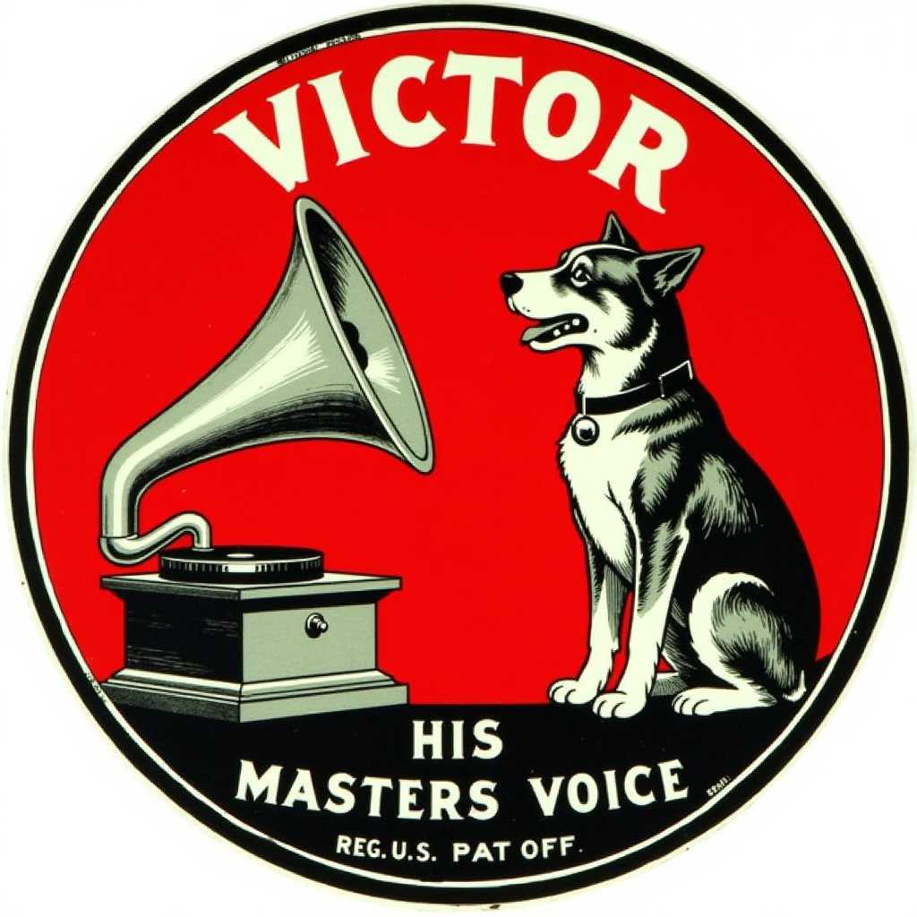 This image is a circular advertisement featuring a vintage design. The background is a bold red with a black border. At the top of the circle, in white capital letters, is the brand name Victor. Below the brand name, to the left, is an illustration of a gramophone with a horn, which is a device used to amplify sound. The gramophone is detailed with a metallic finish and a wooden base, and its playing a record.To the right of the gramophone, there is a black and white illustration of a dog sitting upright, with its ears perked up and its mouth open as if it were listening intently to the gramophone. The dog is wearing a collar with a bell, and its fur is detailed with shading, giving it a threedimensional appearance.At the bottom of the circle, in white capital letters, is the phrase HIS MASTERS VOICE, which is a slogan for the Victor Talking Machine Company. Below the slogan, in smaller print, is the statement REG. U.S. PAT OFF, indicating that the slogan is a registered trademark in the United States.The overall art style of the image is reminiscent of early 20thcentury commercial art, with a focus on bold colors and clear, simple lines. The medium appears to be a lithograph or a similar printing process, given the quality of the colors and the sharpness of the lines.The colors in the image are primarily red, black, and white, with the gramophone and the dog being the most detailed and having the most variation in shades. The red background provides a strong contrast to the black border and the white text, while the black and white illustration of the dog adds a classic, timeless feel to the image.