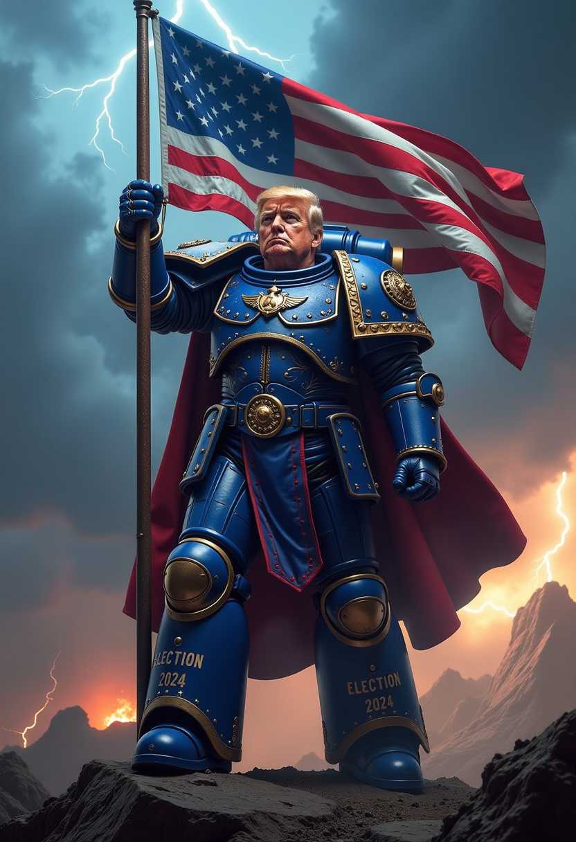 Donald Trump as an Ultra Space Marine from Warhammer 40k, stands in a triumphant victory pose in intricate, imposing Ultramarine armor, shimmering with the iconic blue hue. The armor is adorned with detailed engravings, battle scars, and the bold Ultramarines insignia, enhancing his formidable presence. His helmet is off, revealing unmistakable facial features that exude determination and resolve. He raises the US Flag proudly in one hand, bearing the message "Election 2024," adding a symbolic layer to the scene. The setting is a futuristic battlefield under a tumultuous sky, dark clouds swirling and pierced by lightning flashes, which create dynamic shadows and dramatic lighting effects. The composition captures a cinematic, epic style, blending realism with the grandeur and heroic imagery of the Warhammer 40k universe, evoking an awe-inspiring and larger-than-life atmosphere.