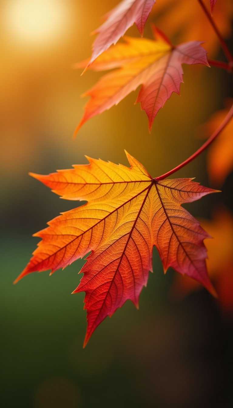 This image captures the essence of autumn through the closeup portrayal of a single leaf. The leaf is the focal point, with its detailed texture and vibrant colors that transition from green to fiery red and orange hues, signaling the seasonal change. The leafs serrated edges and prominent veins are sharply in focus, creating a sense of depth and realism.The background of the image is blurred, which serves to emphasize the leaf as the subject. The bokeh effect, where the outoffocus areas of the image are softly lit with a gradient of colors, adds a dreamy quality to the photograph. The colors in the background are warm and muted, with yellows, oranges, and reds that complement the leafs autumnal palette.The lighting in the image is soft and natural, likely captured during the golden hour of early morning or late afternoon when the sun casts a warm glow. This lighting enhances the rich colors of the leaf and contributes to the overall serene and tranquil mood of the photograph.The art style of the image is impressionistic, with a focus on capturing the fleeting beauty of a moment through color and light. The medium appears to be digital photography, given the clarity and sharpness of the leafs details, as well as the smoothness of the blurred background.Overall, this image is a celebration of the changing seasons, evoking feelings of nostalgia and peace. It invites the viewer to pause and appreciate the beauty of natures transitions.