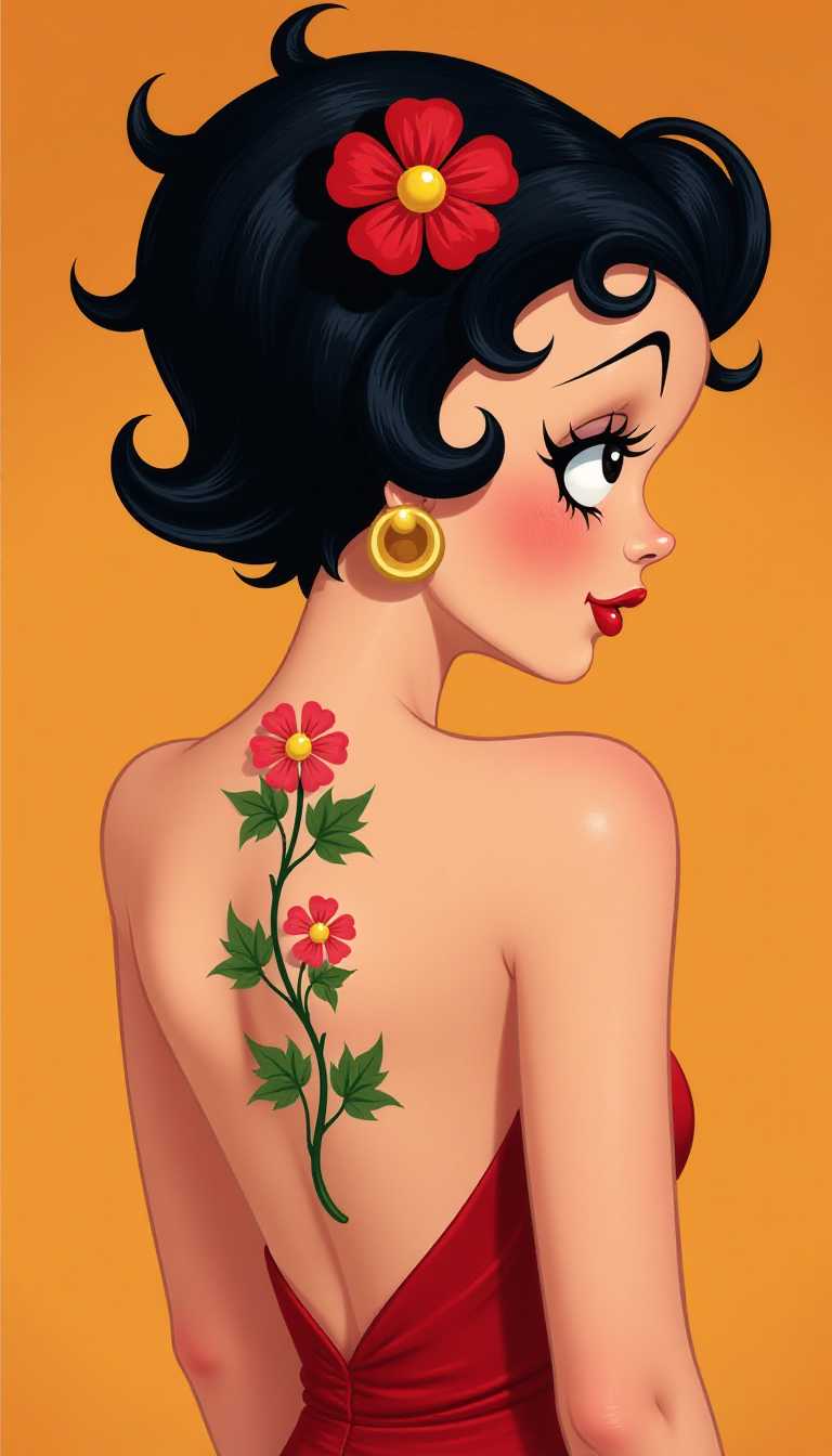 This image is a stylized digital illustration of a character that appears to be Betty Boop, a popular American cartoon character. The character is depicted from the back, with her head turned to the side, giving us a profile view. The art style is reminiscent of pinup art, which is characterized by its bold lines, exaggerated features, and emphasis on the female form. The medium appears to be digital painting, as evidenced by the smooth gradients and lack of texture that are typical of digital artwork.The colors used in the image are bright and vibrant, with a warm palette. The characters skin is a soft peach tone, and her black hair is styled with a 1940s flair, featuring a prominent red flower with a yellow center on the right side. Her large, round earrings are a bright gold, which stands out against her skin tone and the warm background.On her back, there is a tattoo of a climbing plant with green leaves and three pink flowers with yellow centers. The tattoo is placed in a way that it is visible from the back, and the way the plant wraps around her spine adds a sense of movement and grace to the image.The overall effect of the image is playful and charming, with a nod to the classic pinup era. The characters confident pose and the bold, yet delicate, details of the artwork create a sense of allure and whimsy.