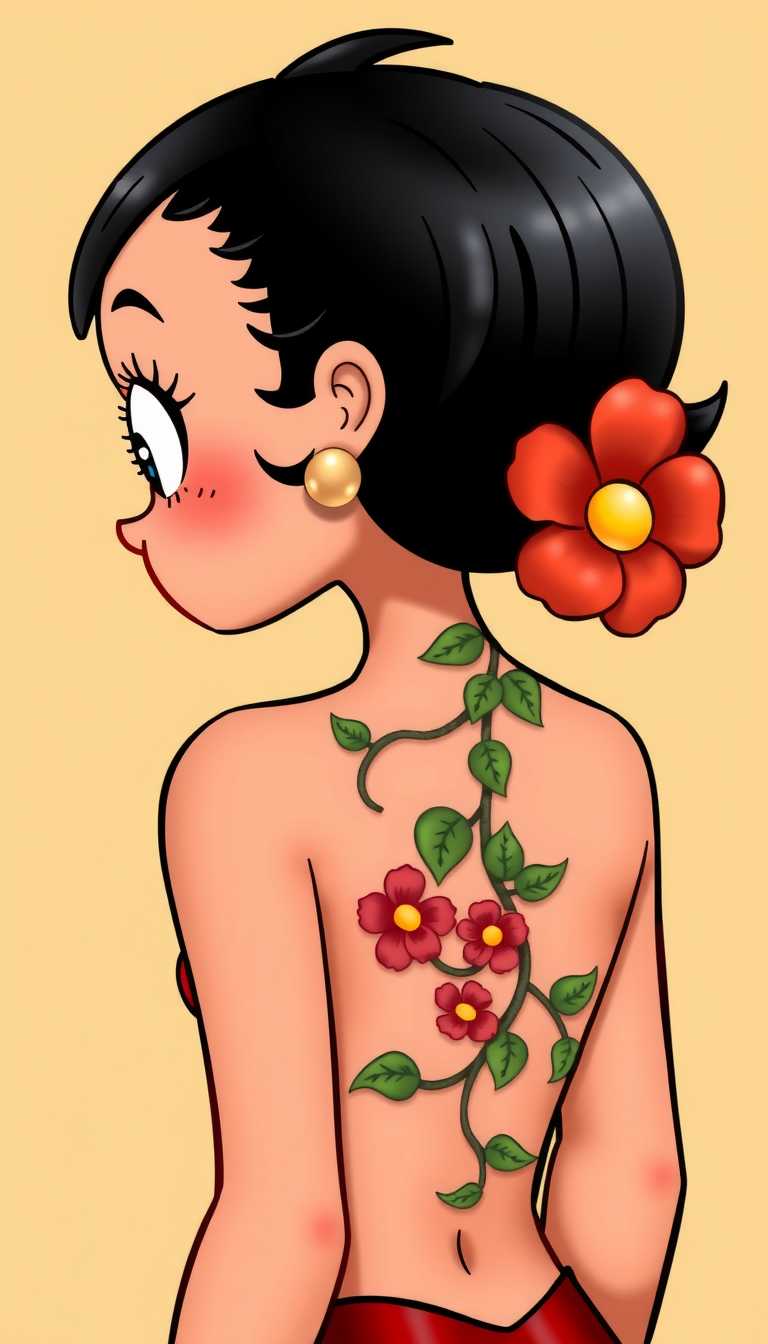 This image is a stylized digital illustration of a character that appears to be Betty Boop, a popular American cartoon character. The character is depicted from the back, with her head turned to the side, giving us a profile view. The art style is reminiscent of pinup art, which is characterized by its bold lines, exaggerated features, and emphasis on the female form. The medium appears to be digital painting, as evidenced by the smooth gradients and lack of texture that are typical of digital artwork.The colors used in the image are bright and vibrant, with a warm palette. The characters skin is a soft peach tone, and her black hair is styled with a 1940s flair, featuring a prominent red flower with a yellow center on the right side. Her large, round earrings are a bright gold, which stands out against her skin tone and the warm background.On her back, there is a tattoo of a climbing plant with green leaves and three pink flowers with yellow centers. The tattoo is placed in a way that it is visible from the back, and the way the plant wraps around her spine adds a sense of movement and grace to the image.The overall effect of the image is playful and charming, with a nod to the classic pinup era. The characters confident pose and the bold, yet delicate, details of the artwork create a sense of allure and whimsy.
