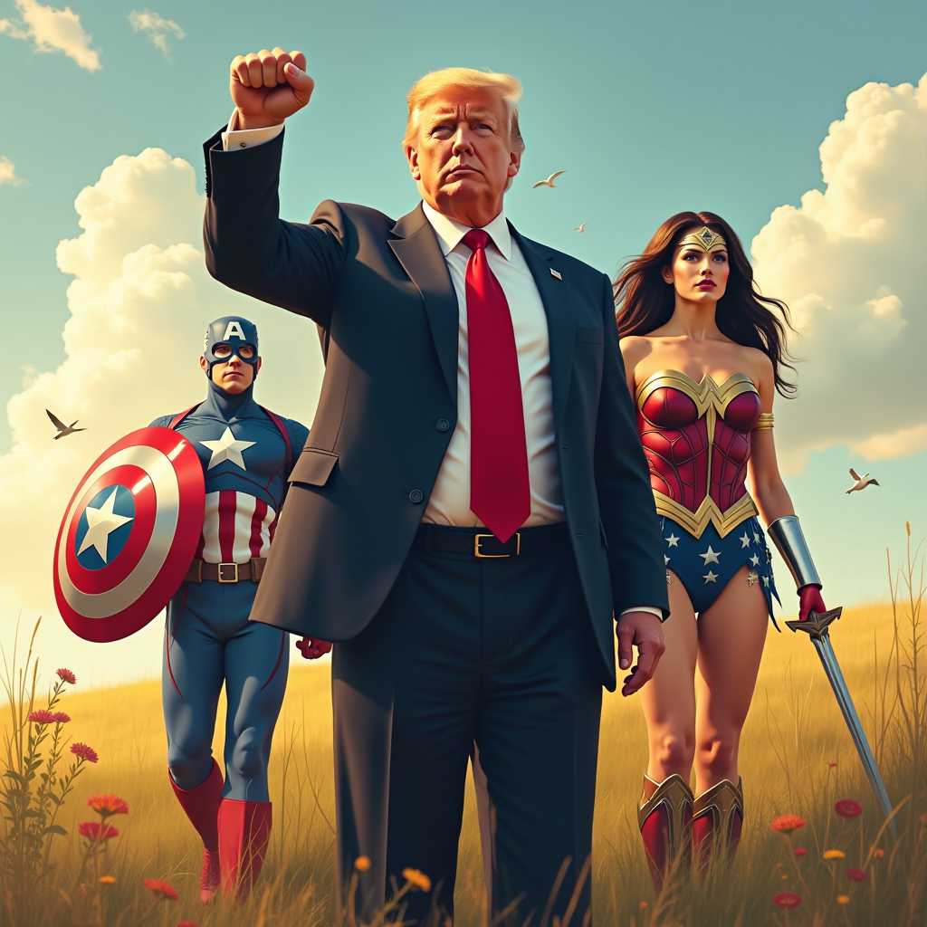 This image is a digitally created artwork that combines elements of superhero iconography with a realistic portrayal of a person in a business suit. The art style is a blend of photorealism and digital illustration, with a focus on creating a dynamic and heroic scene.The medium appears to be a digital painting, utilizing software that allows for a high level of detail and manipulation. The colors are rich and vibrant, with a warm palette that evokes a sense of nostalgia and adventure. The sky is a soft blue with scattered clouds, and the golden hour lighting casts a warm glow over the scene, highlighting the textures and contours of the characters and the environment.In the foreground, there is a figure dressed in a business suit, standing confidently with their fist raised high. This figure is the focal point of the image and is depicted with a high level of realism, including the texture of the suit, the shine of the buckle, and the folds of the fabric.Behind the central figure, there are two characters dressed in superhero costumes. On the left, there is a figure in a Captain America costume, complete with the iconic shield. The costume is detailed with the red, white, and blue of the American flag, and the texture of the fabric is rendered with a high level of realism. The figure (Donald Trump) stance is heroic and determined, with one arm raised and the shield in the other hand.On the right, there is a figure dressed as Wonder Woman, recognizable by her golden tiara, armor, and sword. The costume is rich in detail, with intricate patterns and textures that are rendered with precision. The figures stance is powerful and assertive, with one arm extended and the sword in the other hand.The background of the image is a field of tall grasses and wildflowers, with a few birds flying overhead. The grasses are rendered with a sense of movement, as if caught in a gentle breeze, and the flowers add a touch of natural beauty to the scene.Overall, the image is a powerful and dynamic portrayal of heroism and leadership, blending elements of superhero iconography with a realistic depiction of a person in a business suit. The use of color, lighting, and texture creates a compelling visual narrative that is both inspiring and thoughtprovoking.